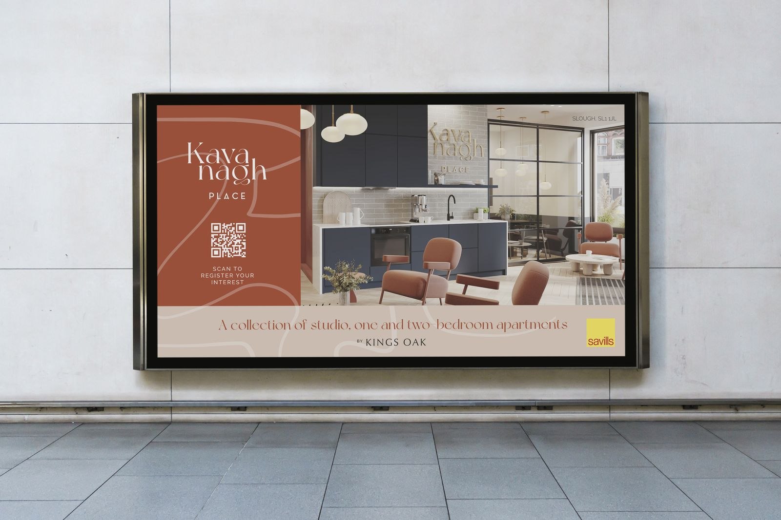 Kavanagh Place landscape digital billboard showing the kitchen and the development mark, campaign design by HDEY