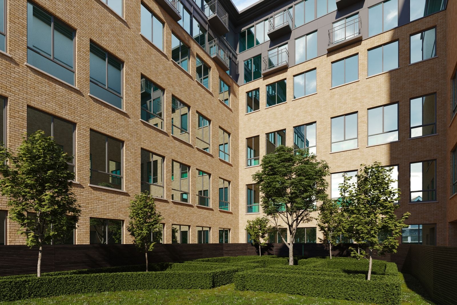 Kavanagh Place communal garden with clipped hedging and mature planting, Slough