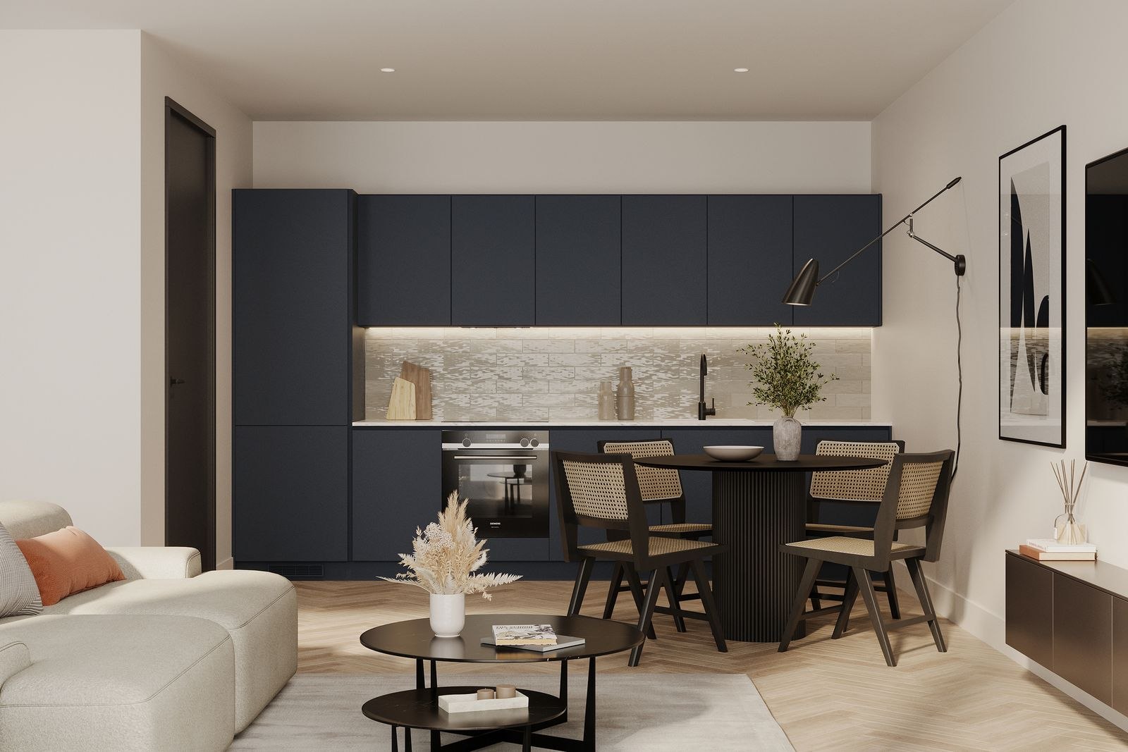 Kavanagh Place kitchen and dining area with navy cabinetry and a fluted island, Slough, interiors by HDEY