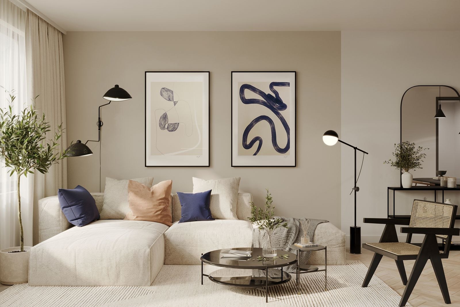 Kavanagh Place living room with a deep sofa, framed prints and olive planting, Slough, interiors by HDEY