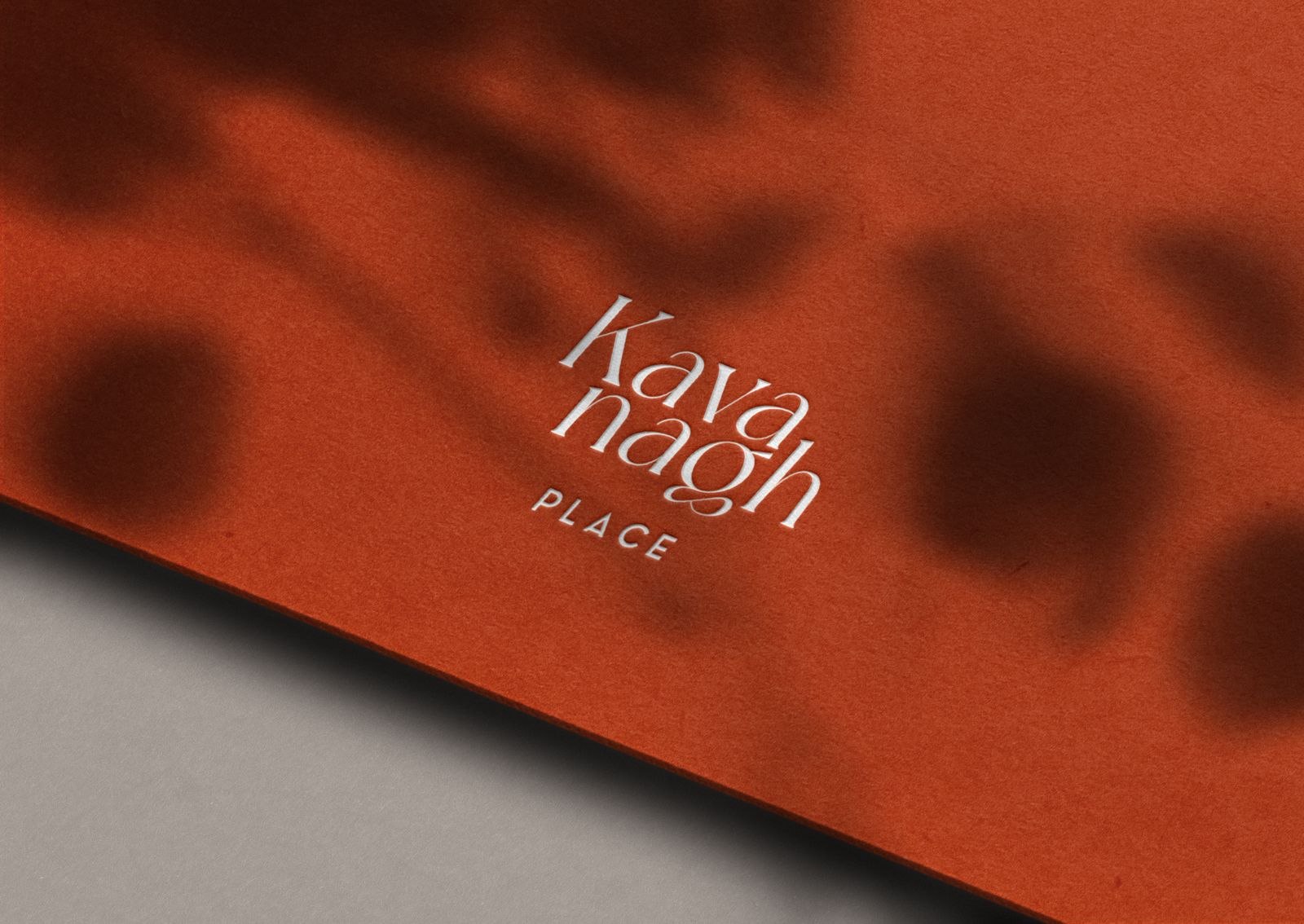 Kavanagh Place logo foiled on a terracotta cover, brand identity by HDEY