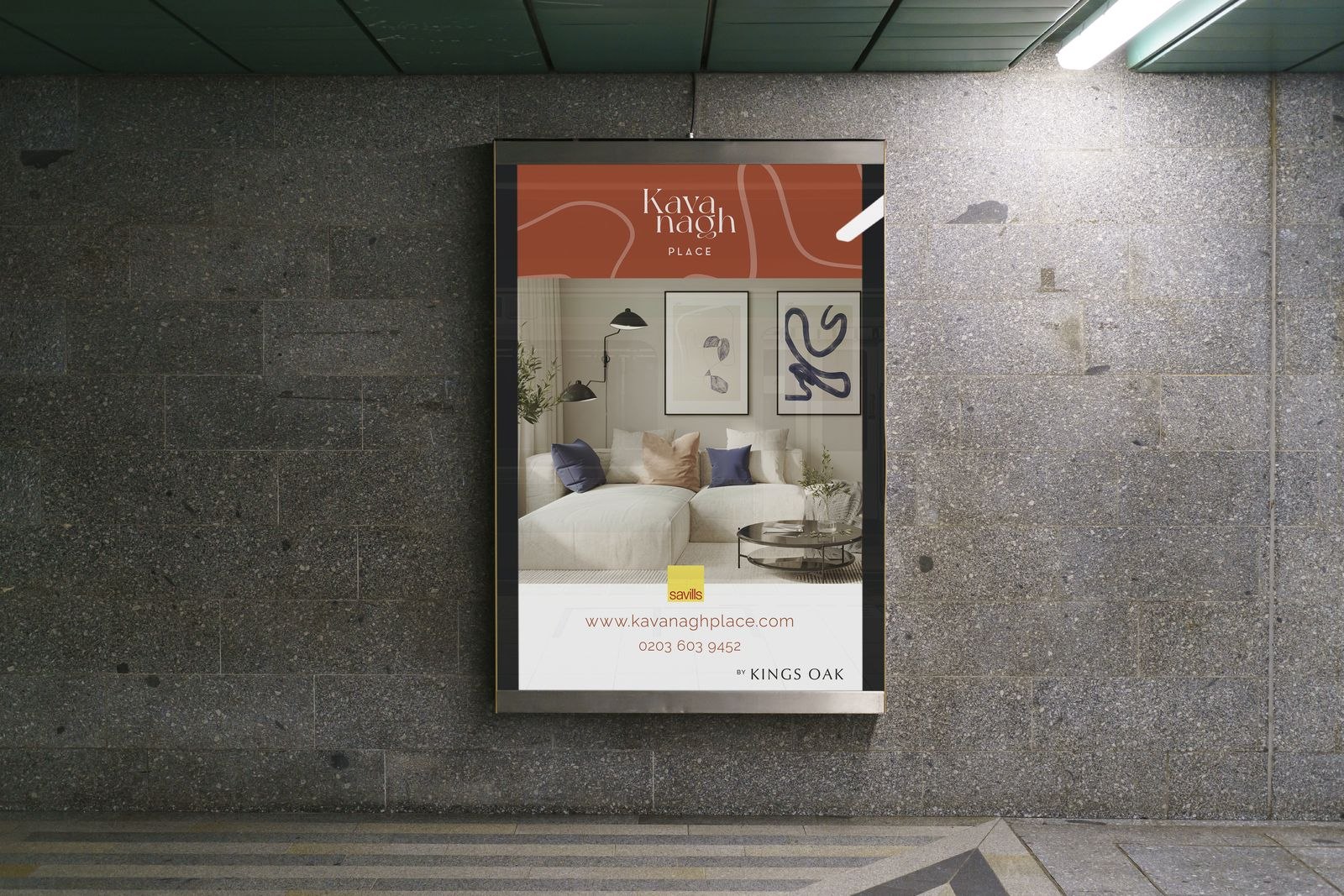 Kavanagh Place poster in an illuminated frame on a stone wall, campaign design by HDEY