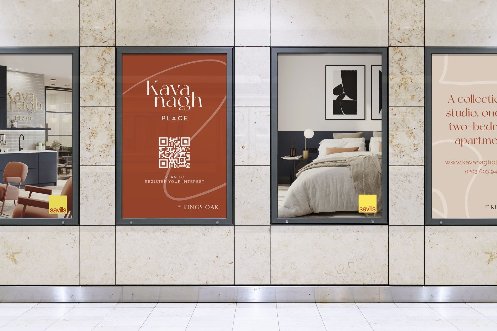 Kavanagh Place posters displayed in a row of illuminated poster sites, campaign design by HDEY