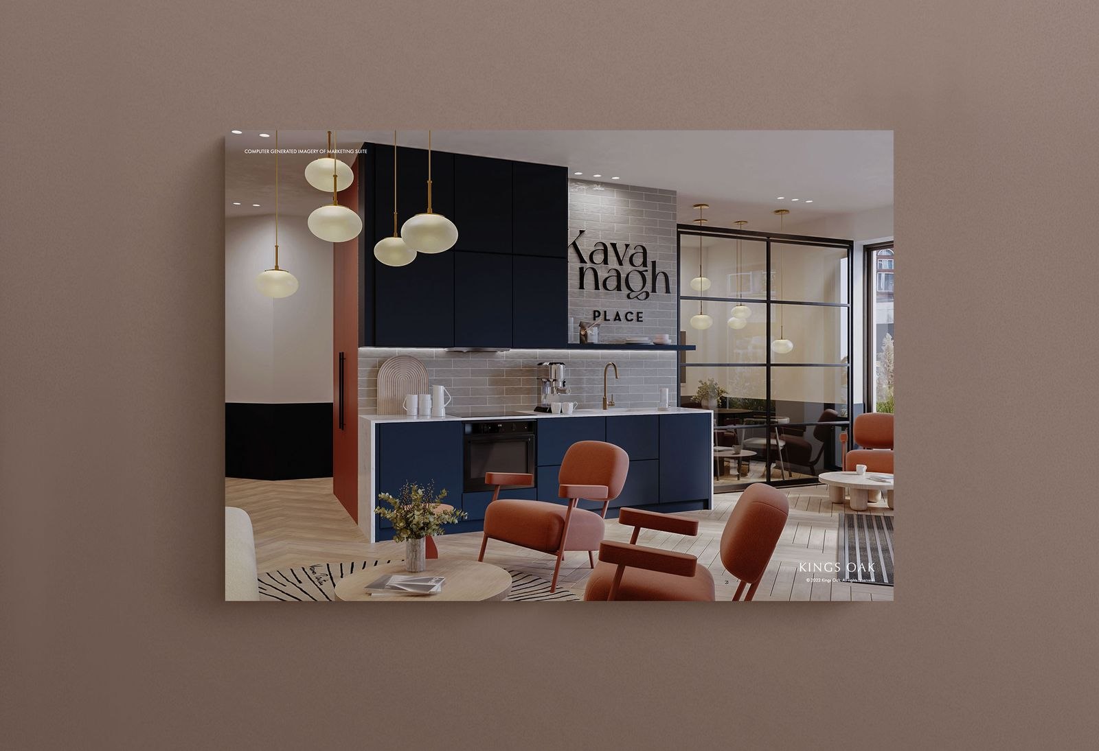 Kavanagh Place marketing suite display panel showing the kitchen interior and the development mark, by HDEY