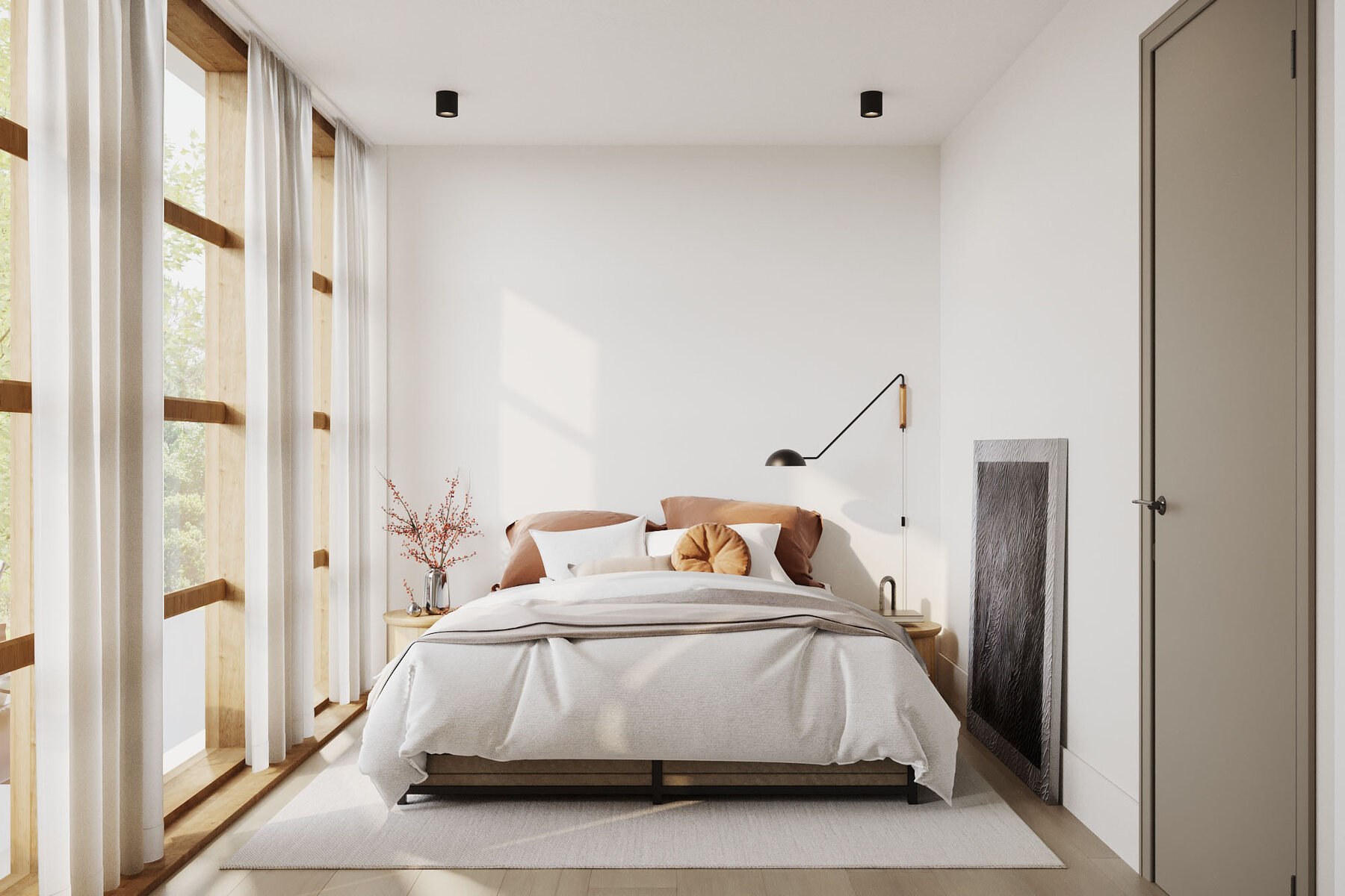 Keslake Place apartment bedroom with full-height glazing, Reading — interior design by HDEY