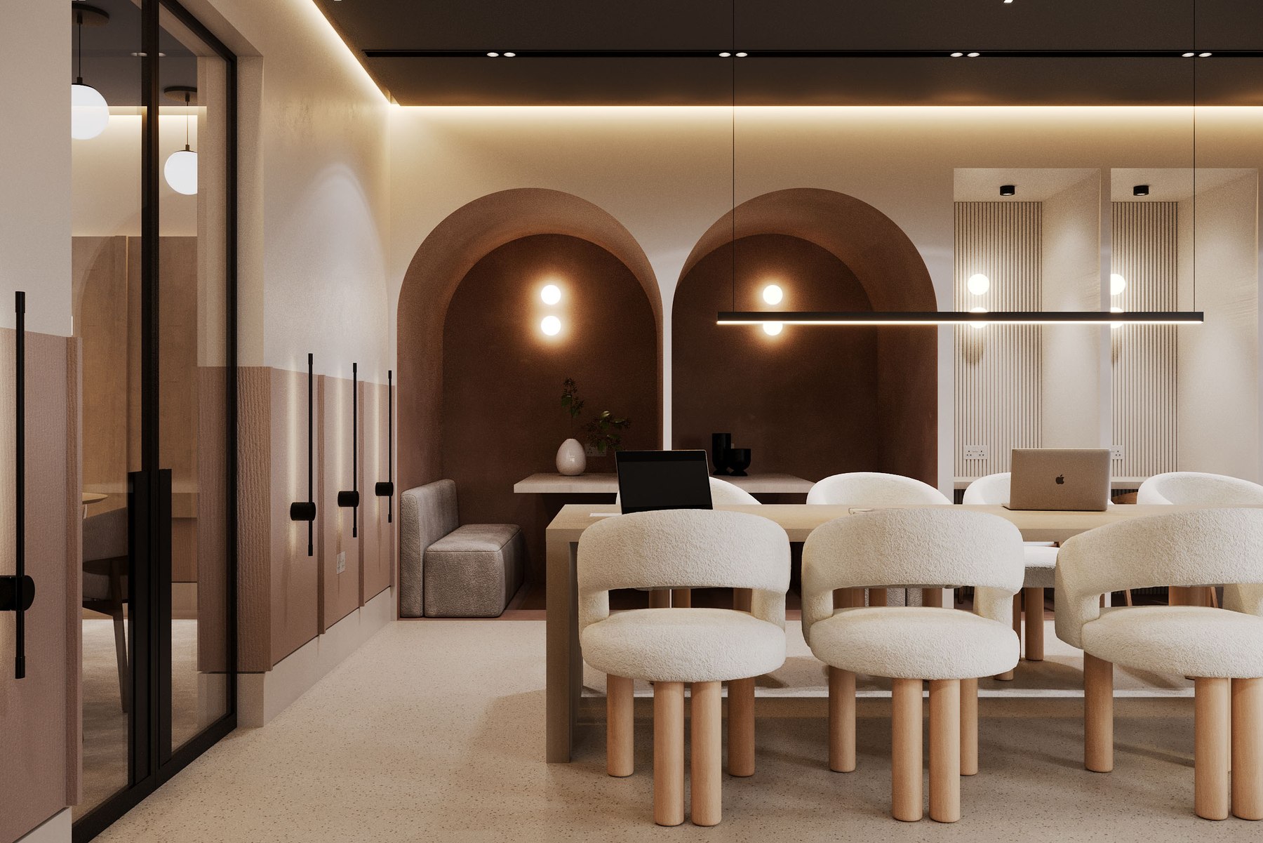 Keslake Place co-working space with arched booths and soft seating, Reading — amenity design by HDEY