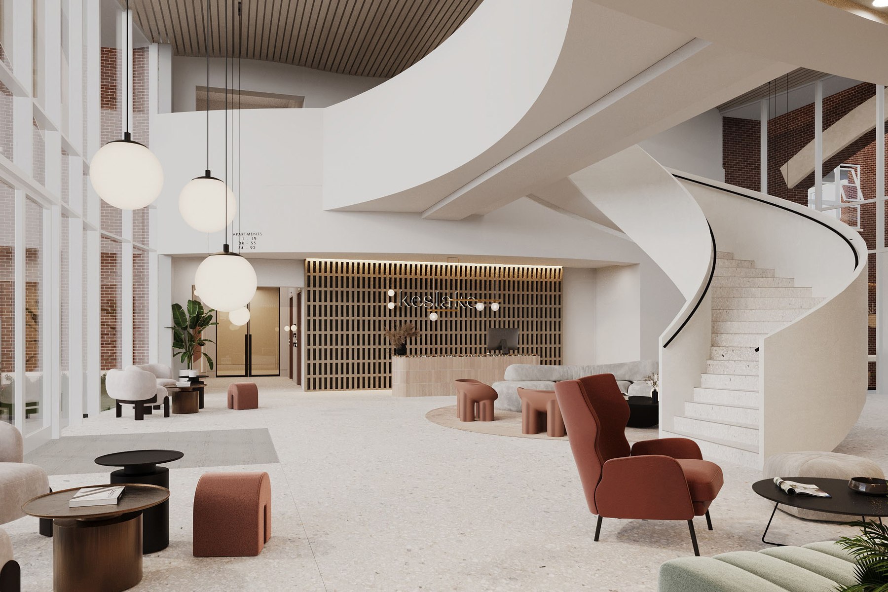 Keslake Place double-height lobby with sculptural staircase and terrazzo flooring, Reading — interior design by HDEY