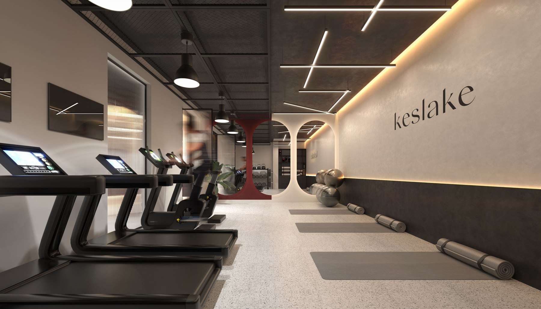 Keslake Place gym with the Keslake name across the wall, Reading — amenity design by HDEY