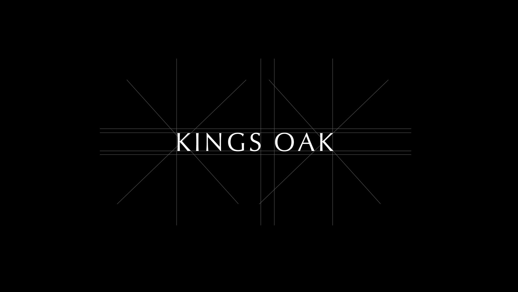 Kings Oak logotype in white on black, set within a fine linear device drawn from crossing axes, brand identity by HDEY