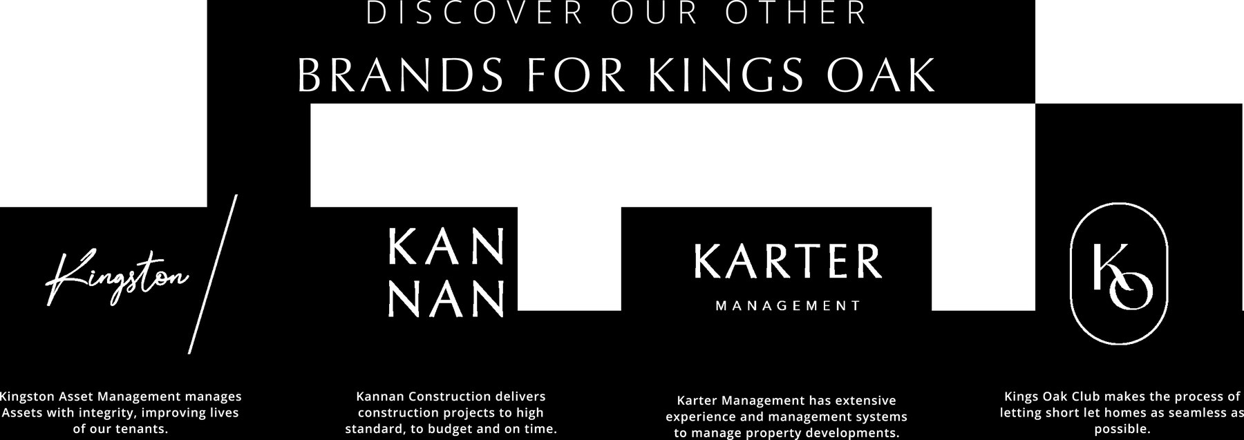 Kings Oak sub-brand system showing Kingston, Kannan, Karter Management and Kings Oak Club each with a one-line description, brand identity by HDEY