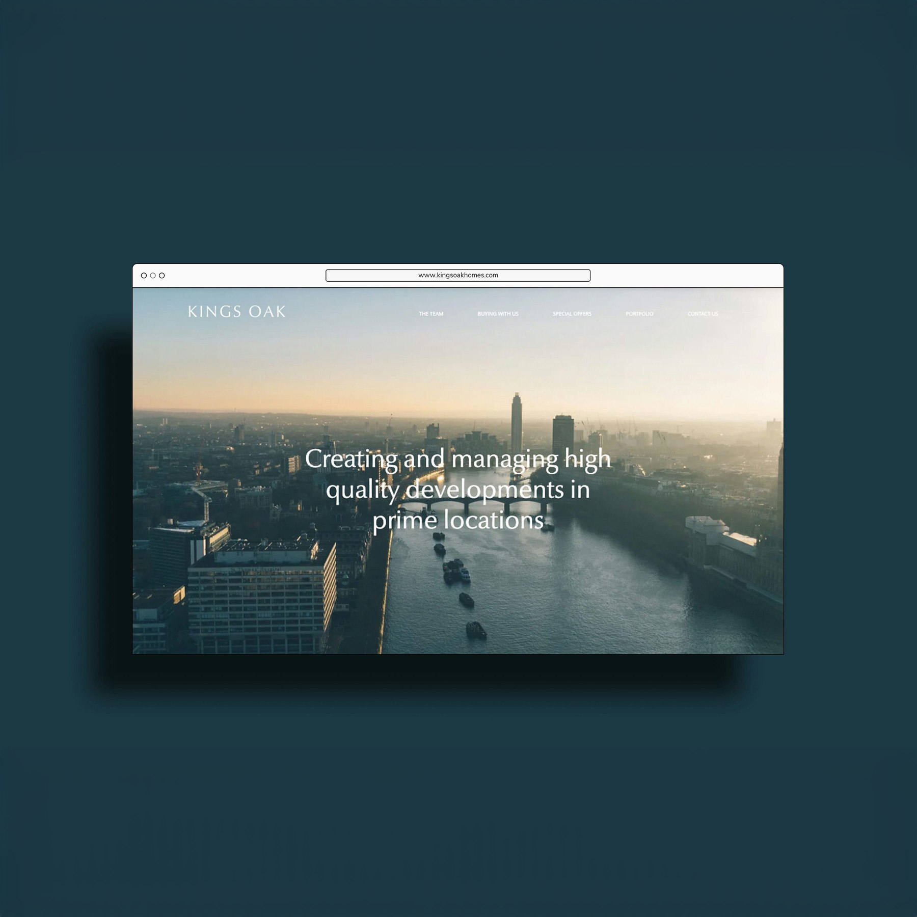 Kings Oak website homepage with the line Creating and managing high quality developments in prime locations over an aerial view of the Thames, web design by HDEY