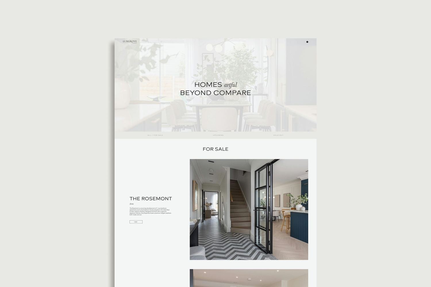 Luxgrove Homes website Our Homes page showing for sale and upcoming schemes — by HDEY
