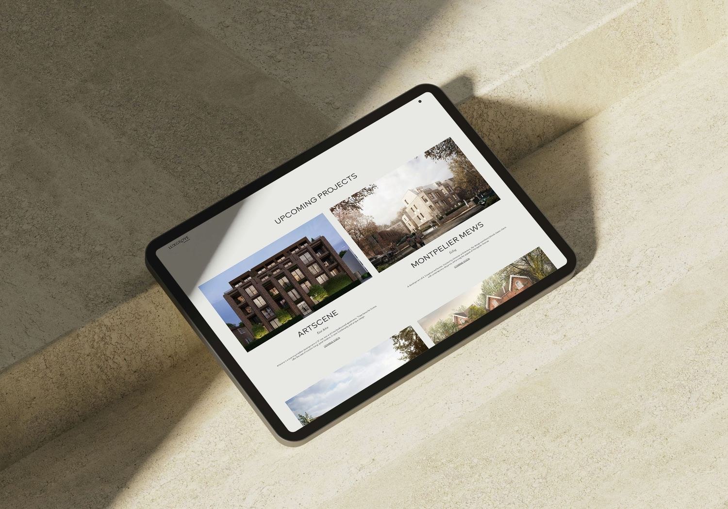 Luxgrove Homes website upcoming projects page on a tablet — by HDEY