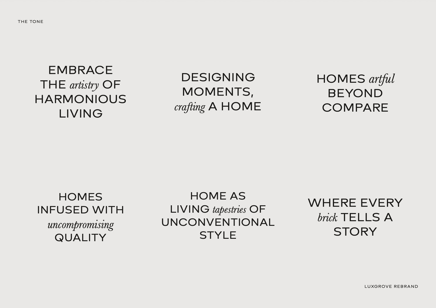 Luxgrove Homes tone of voice sheet with brand lines, by HDEY