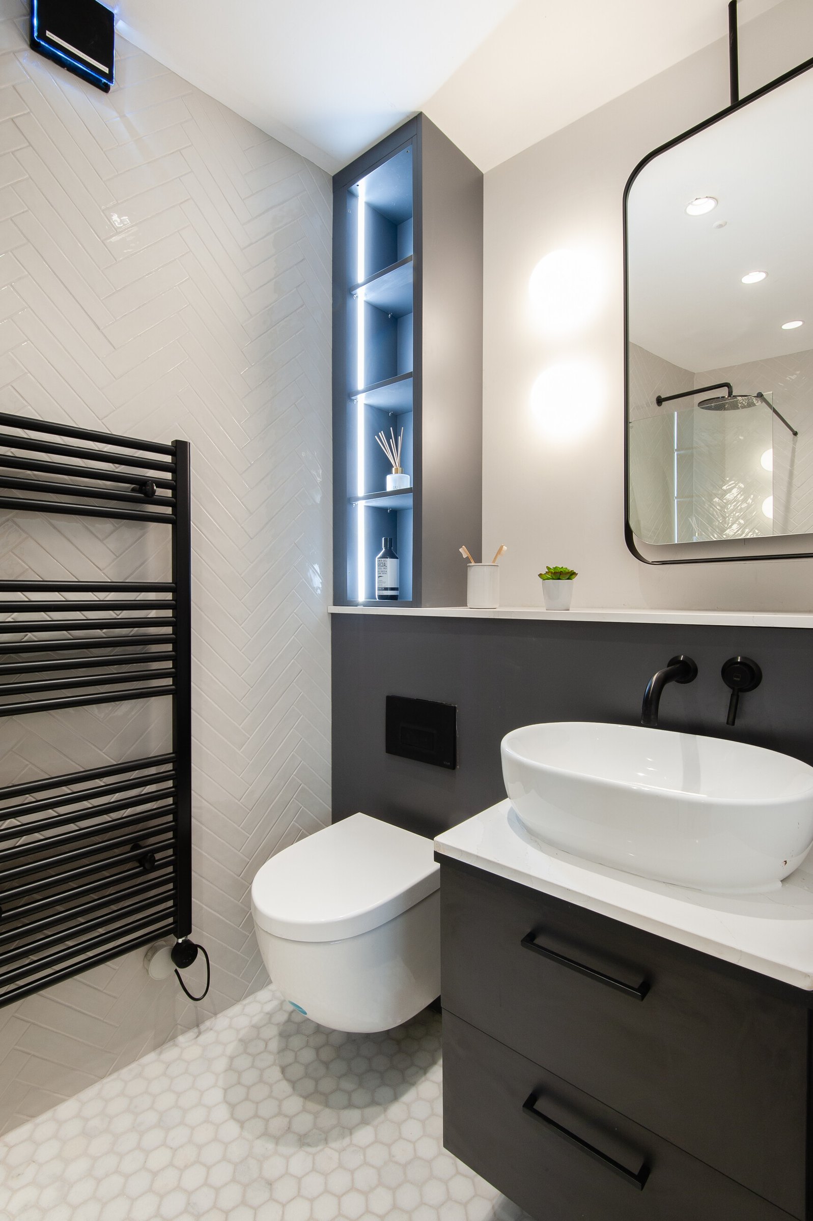Market Place bathroom with dark vanity, vessel basin and black brassware, Acton, by HDEY