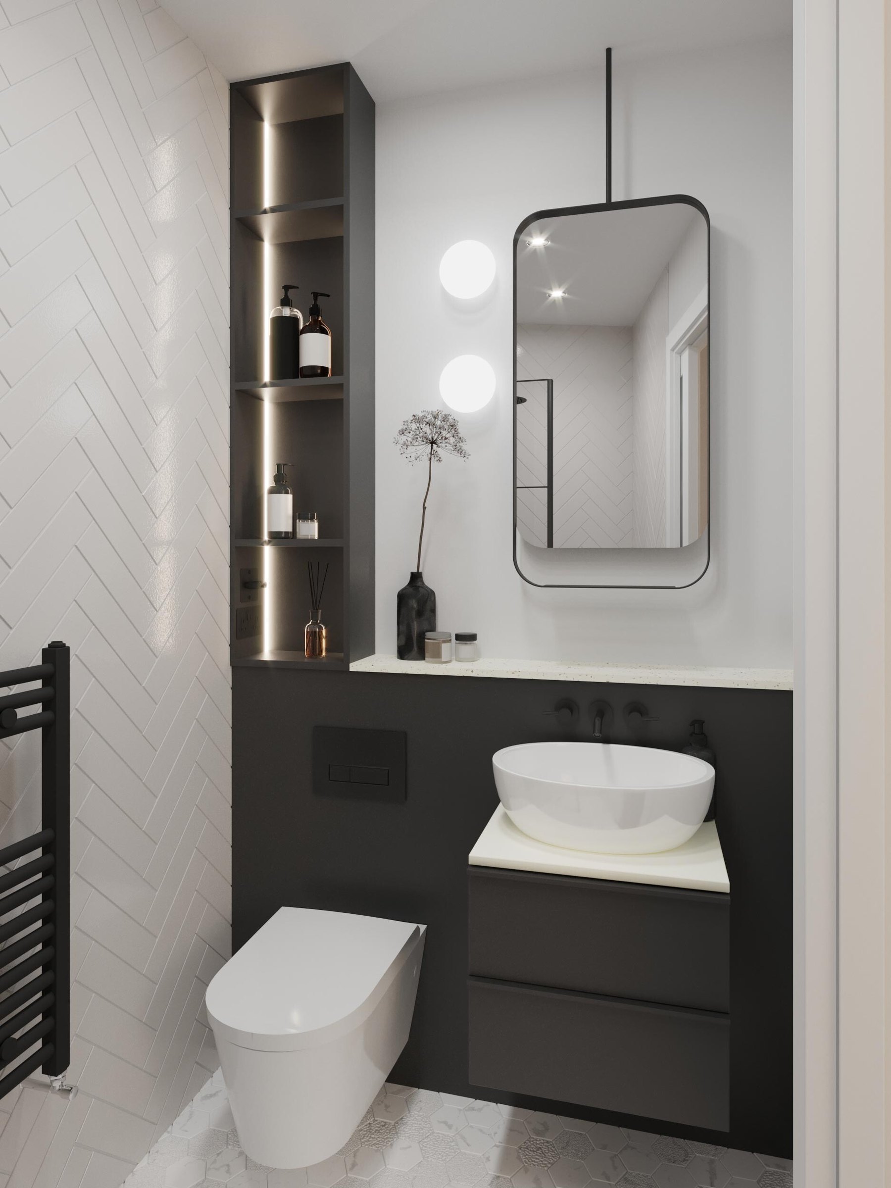 Market Place ensuite CGI with dark vanity and vessel basin, Acton, by HDEY