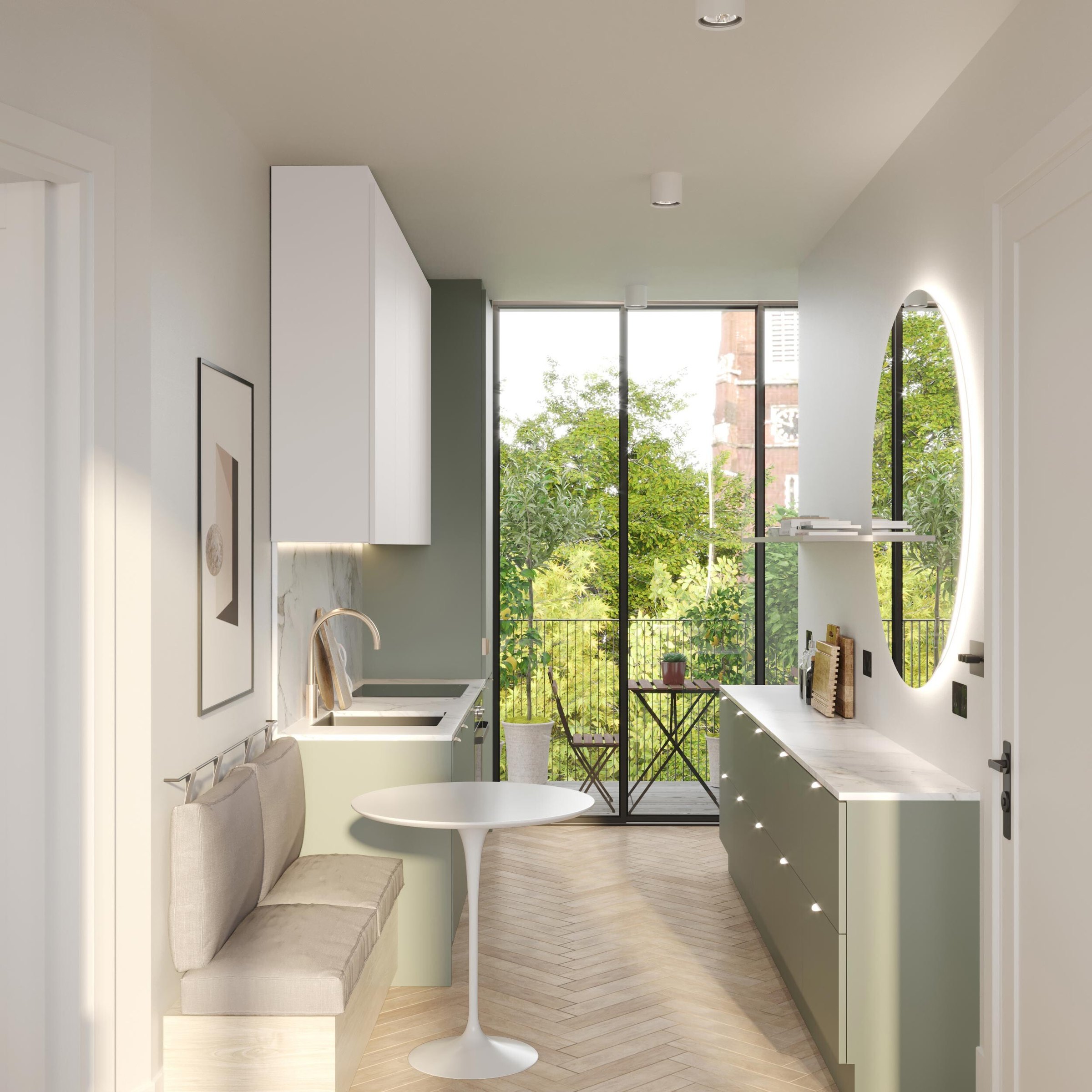 Market Place kitchen CGI with custom breakfast bench and balcony doors, Acton, by HDEY