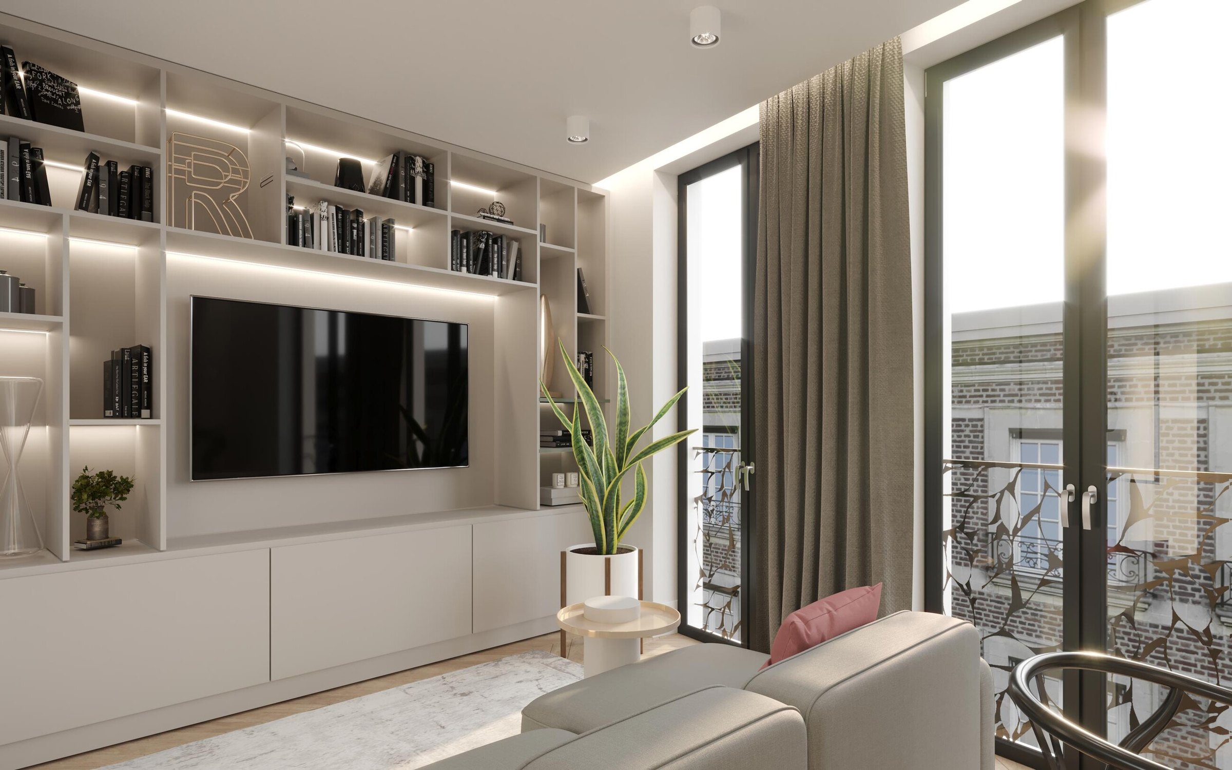 Market Place living room CGI with joinery wall and integrated media unit, Acton, by HDEY