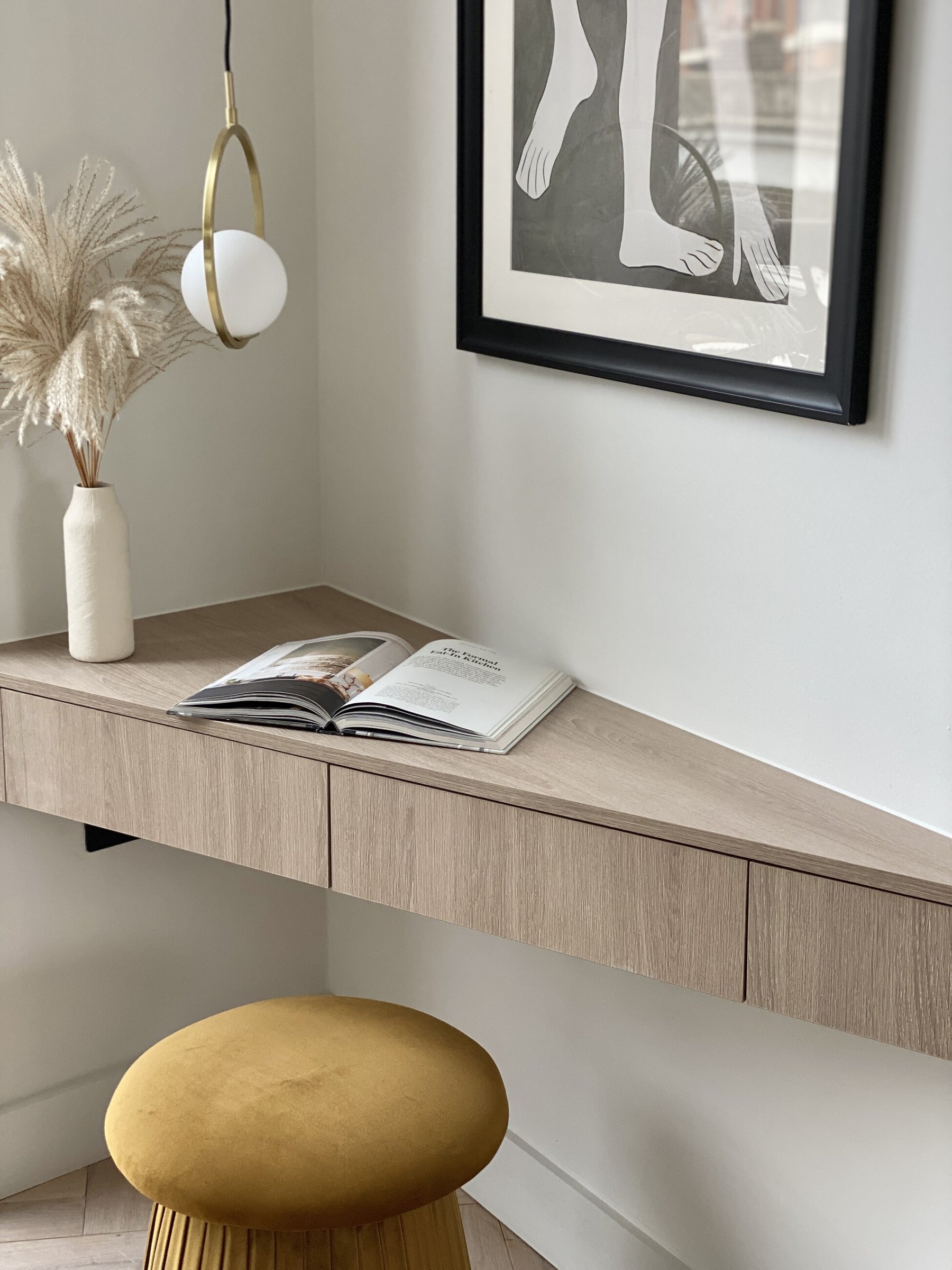Market Place desk detail with drawer storage and upholstered stool, Acton, by HDEY