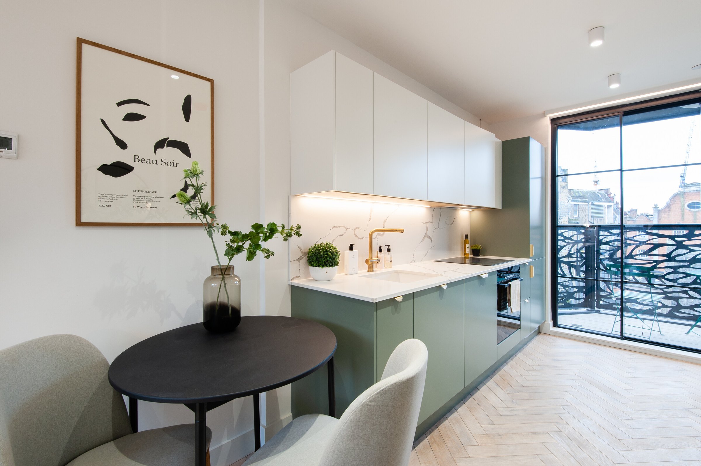 Market Place kitchen and dining with artwork and pendant lighting, Acton, by HDEY