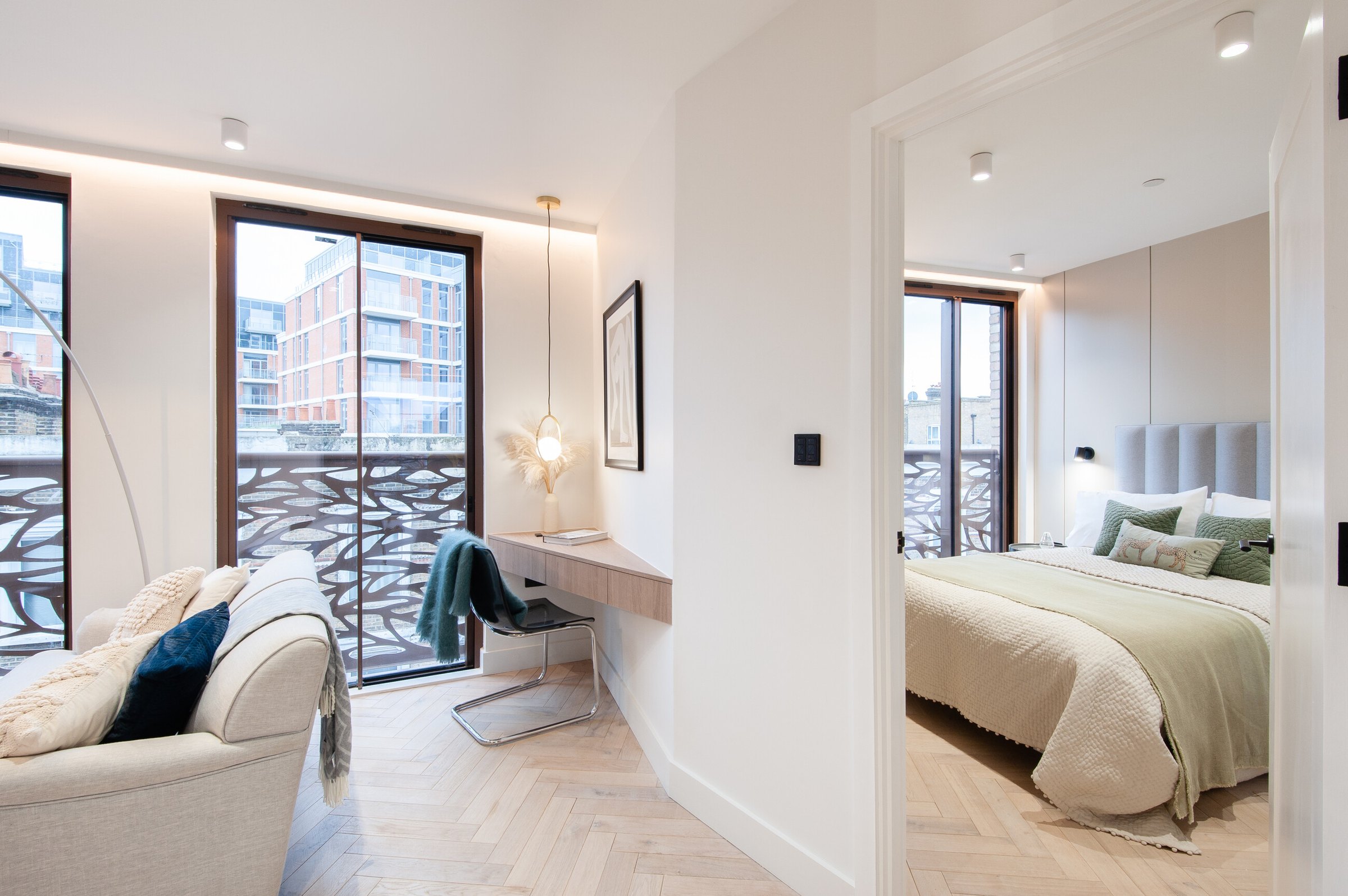 Market Place open-plan living space looking through to the bedroom, Acton, by HDEY