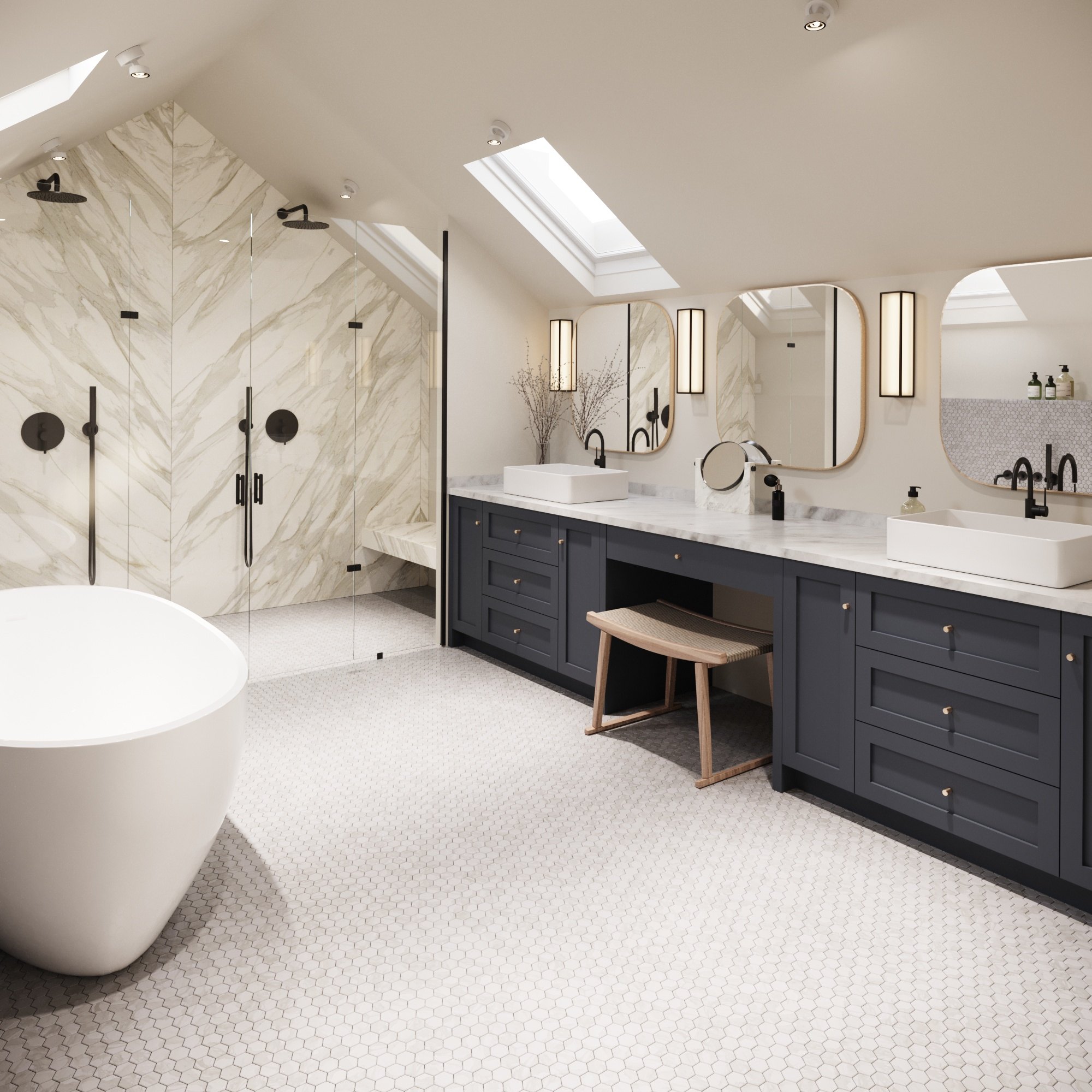 Meadow Views bathroom in the alternative blue scheme, Epping Forest, Essex — interior specification by HDEY