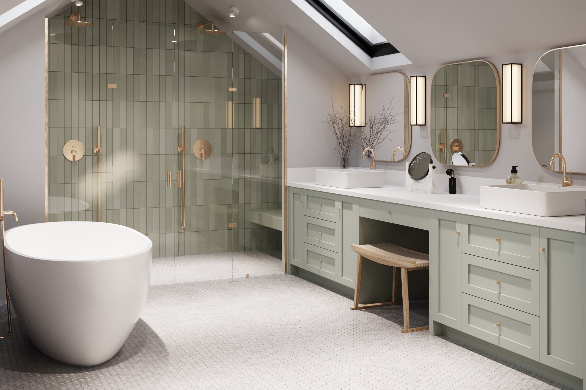 Meadow Views bathroom with marble and brassware, Epping Forest, Essex — interior specification by HDEY