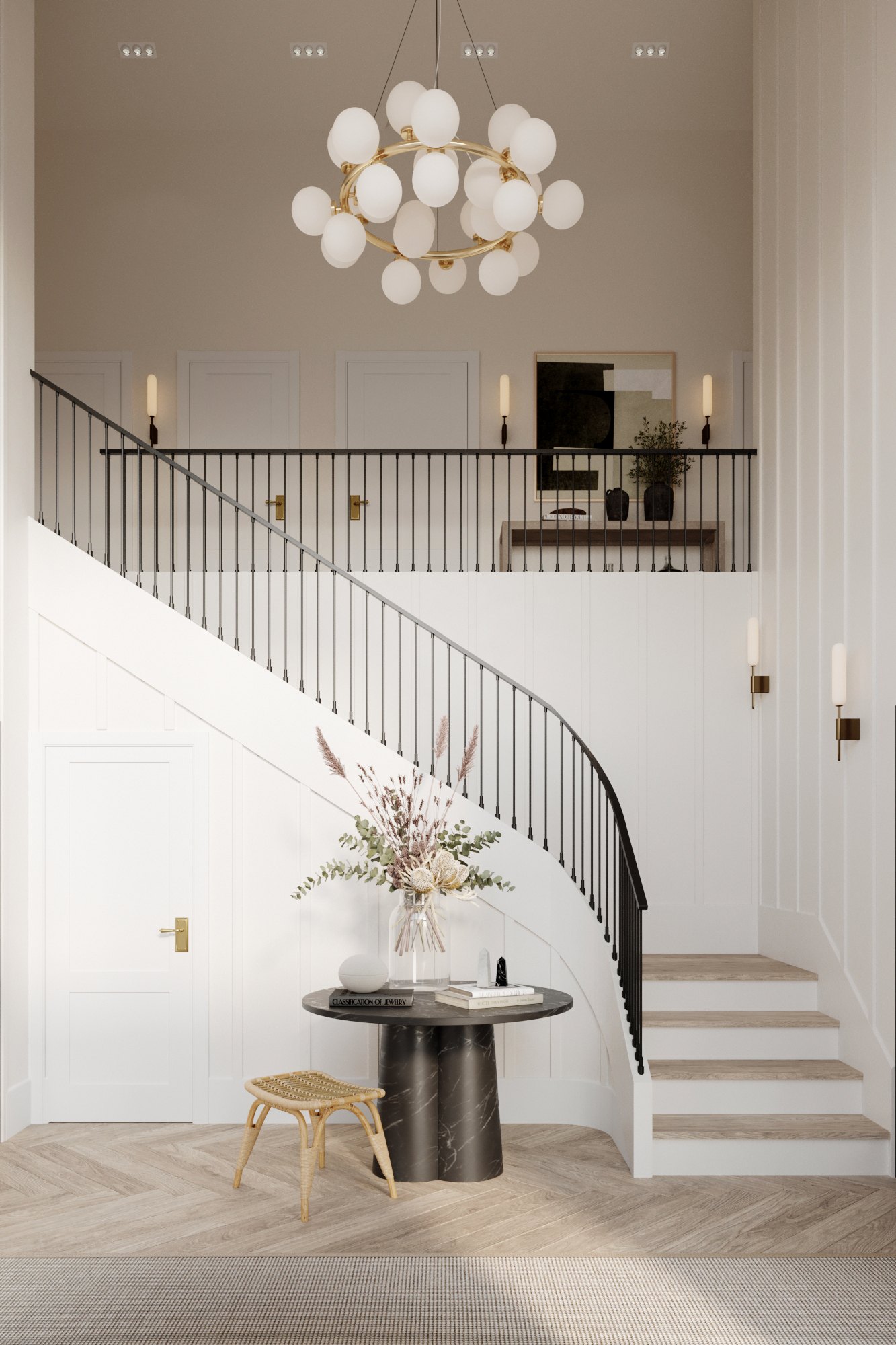 Meadow Views hall and staircase, Epping Forest, Essex — interior design by HDEY