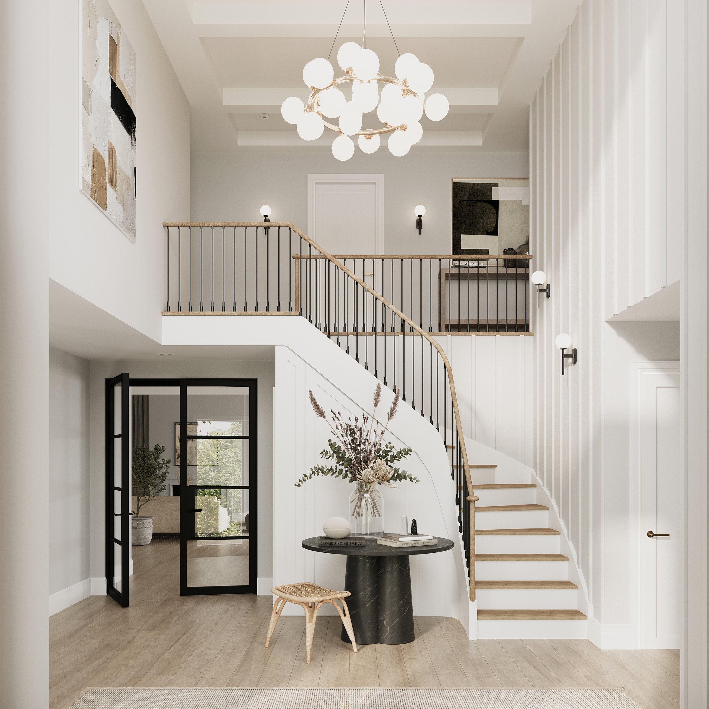 Meadow Views hallway with panelling and stone floor, Epping Forest, Essex — interior design by HDEY