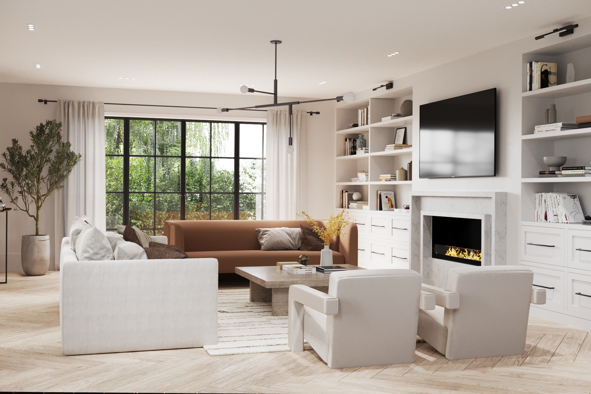 Meadow Views living room with tailored joinery, Epping Forest, Essex — interior design by HDEY