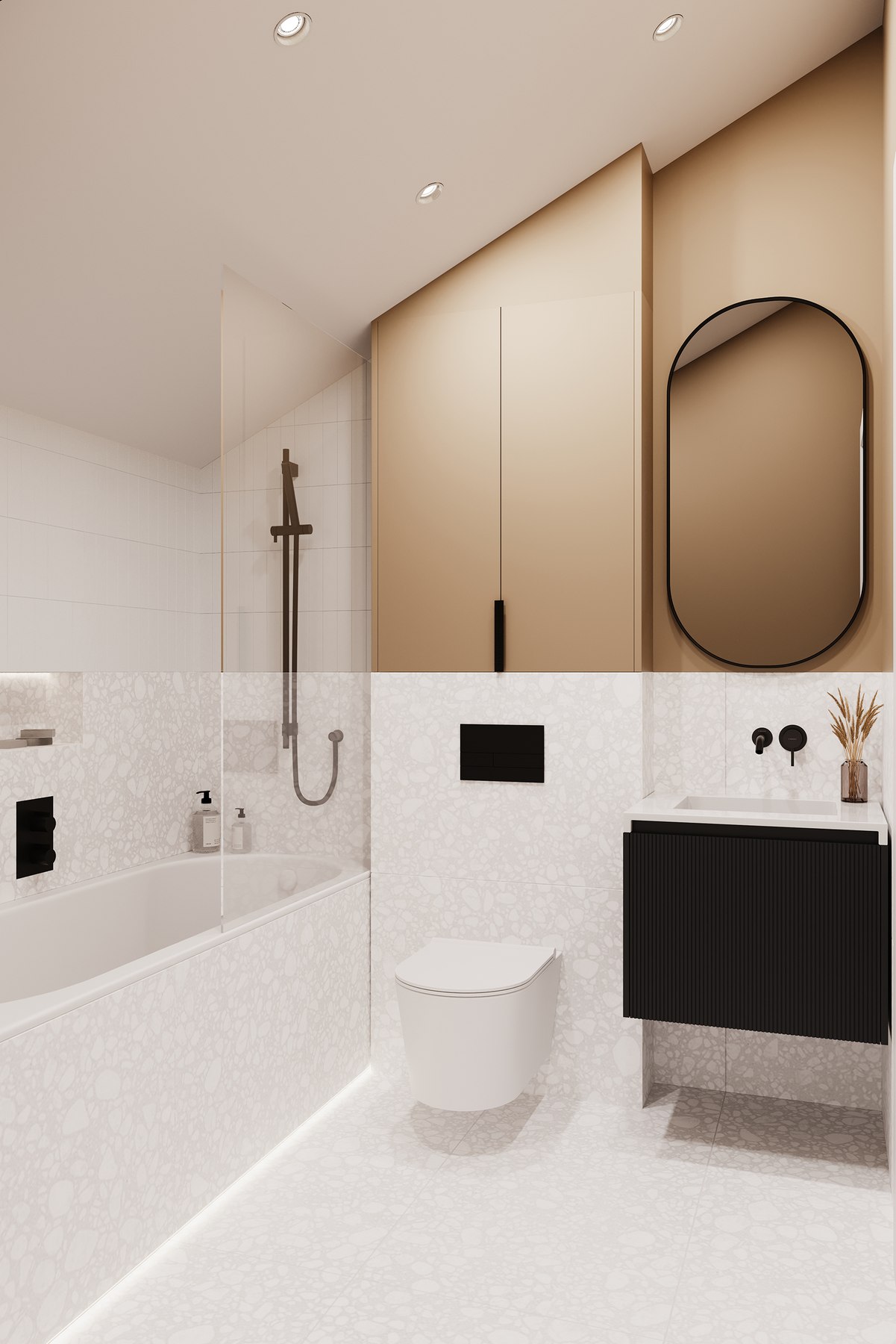 Montello Mews bathroom CGI with terrazzo tiling, tan joinery and a fluted black vanity, South Croydon — by HDEY