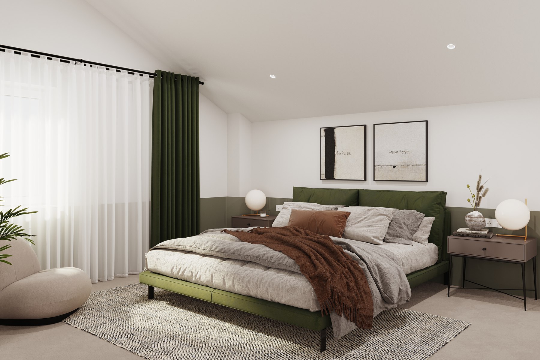 Montello Mews principal bedroom CGI with an olive green upholstered bed, half-height wall and layered neutrals, South Croydon — by HDEY