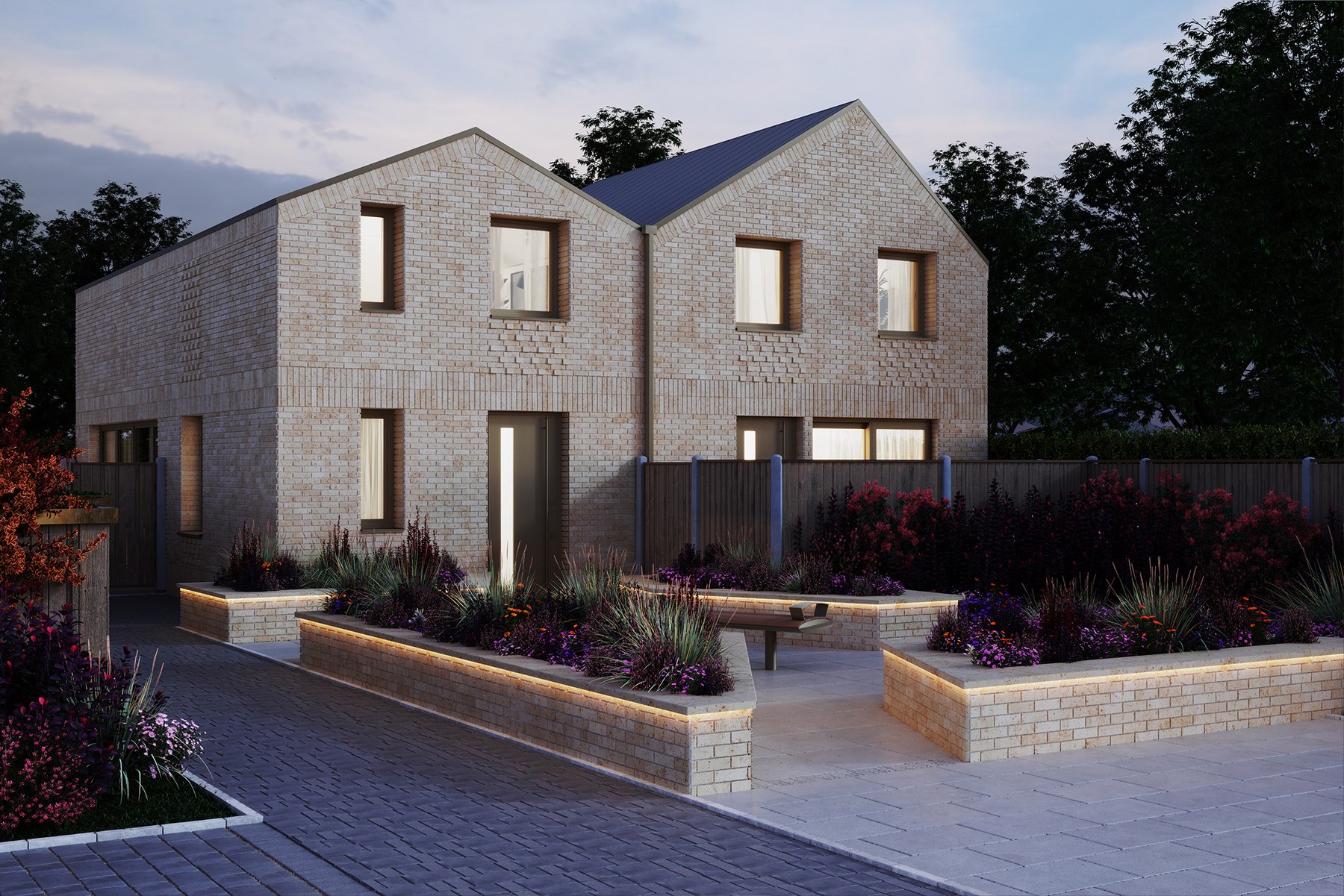 Montello Mews external CGI at dusk — two brick mews homes with planted terraces and a block-paved drive, South Croydon — by HDEY