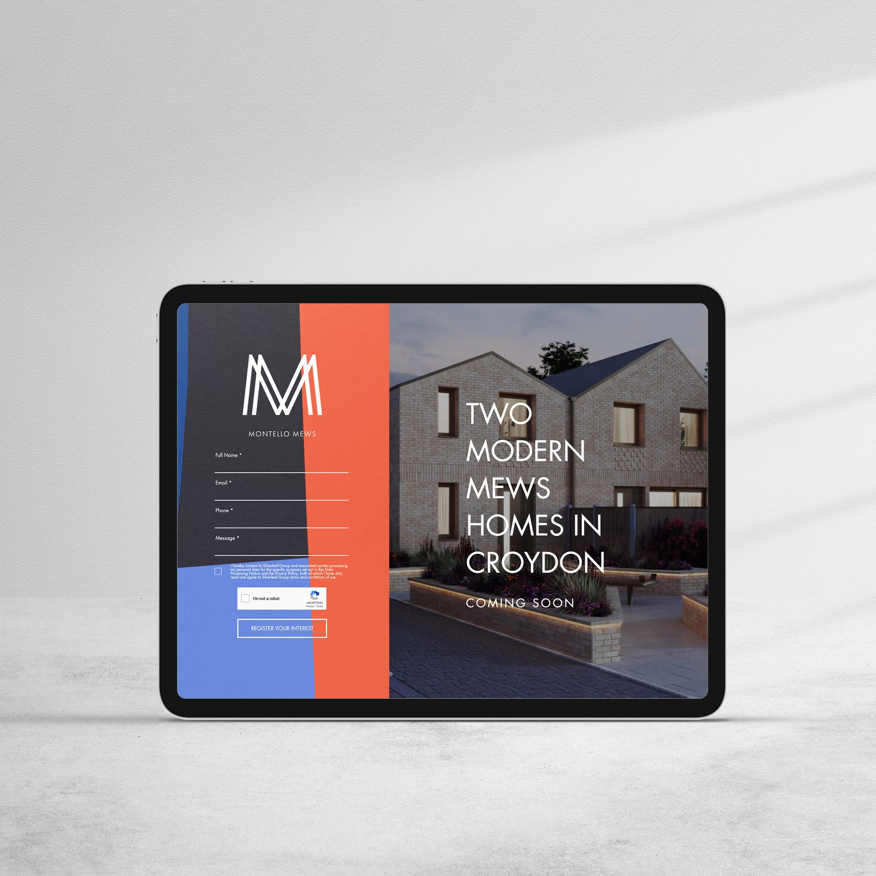 Montello Mews registration website shown on a tablet with the M monogram and the line Two Modern Mews Homes in Croydon, web design by HDEY