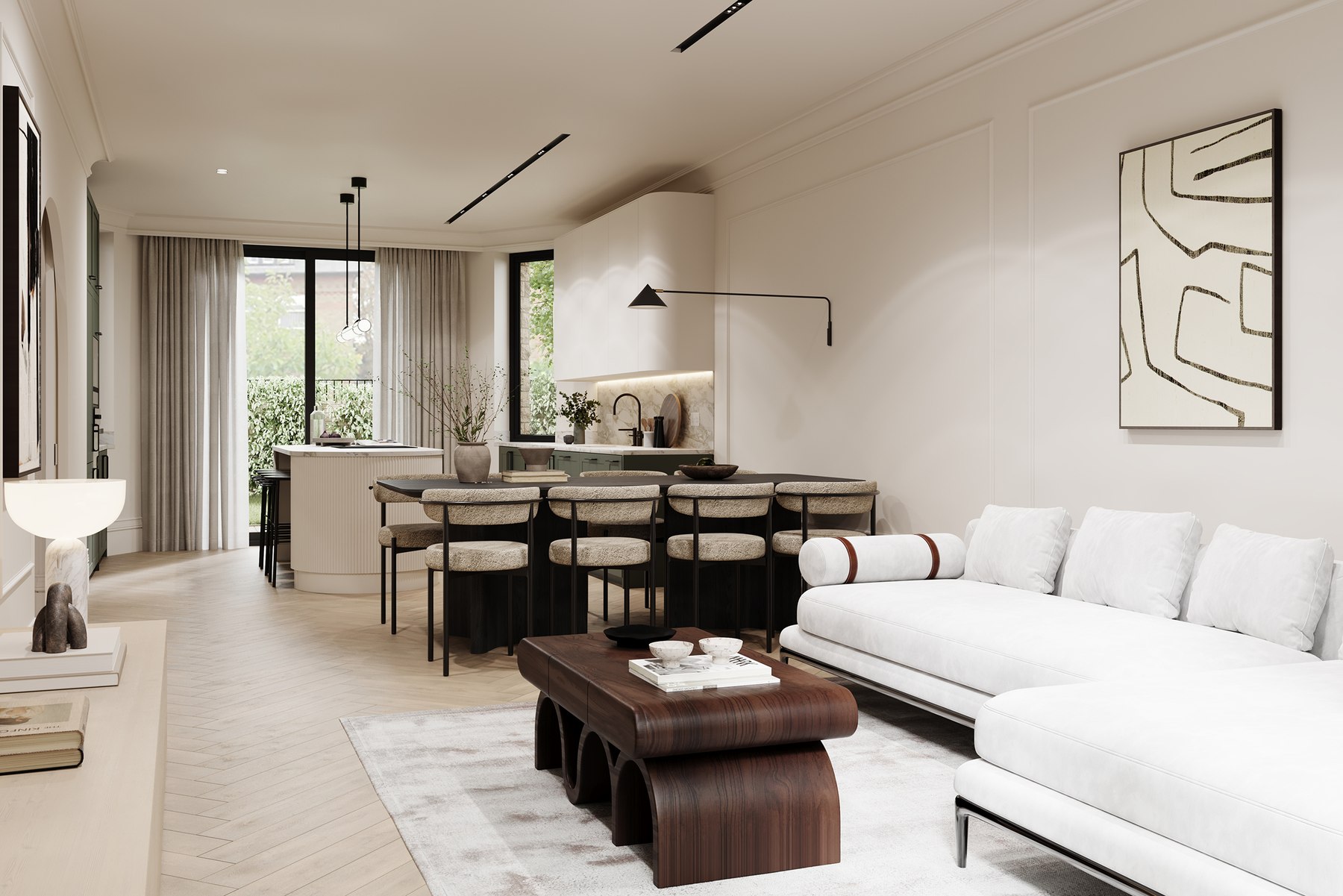 Montpelier Mews CGI — open-plan living room, dining area and kitchen island, Ealing, by HDEY