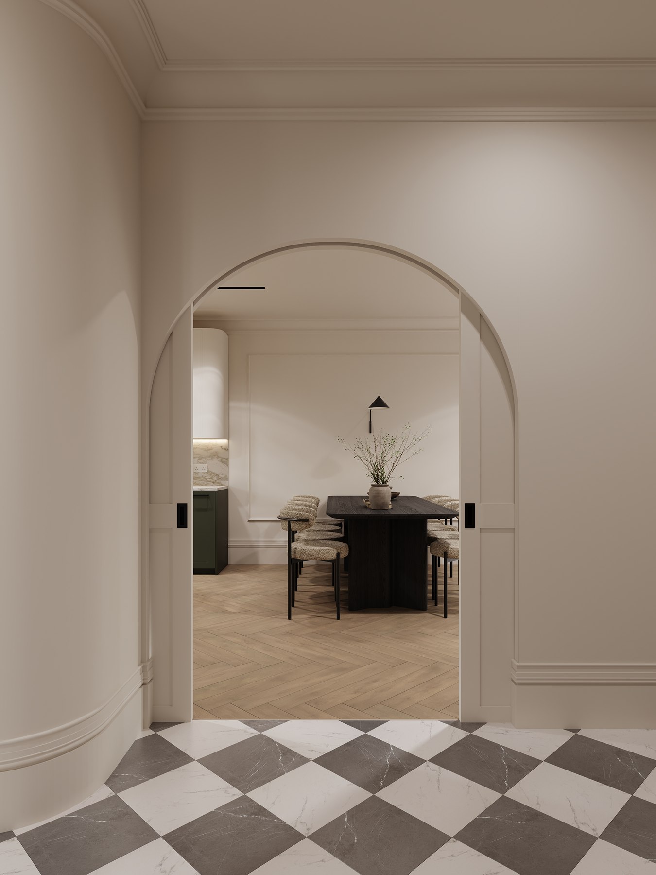 Montpelier Mews CGI — entrance hallway with curved doorway and marble-look checker floor, by HDEY