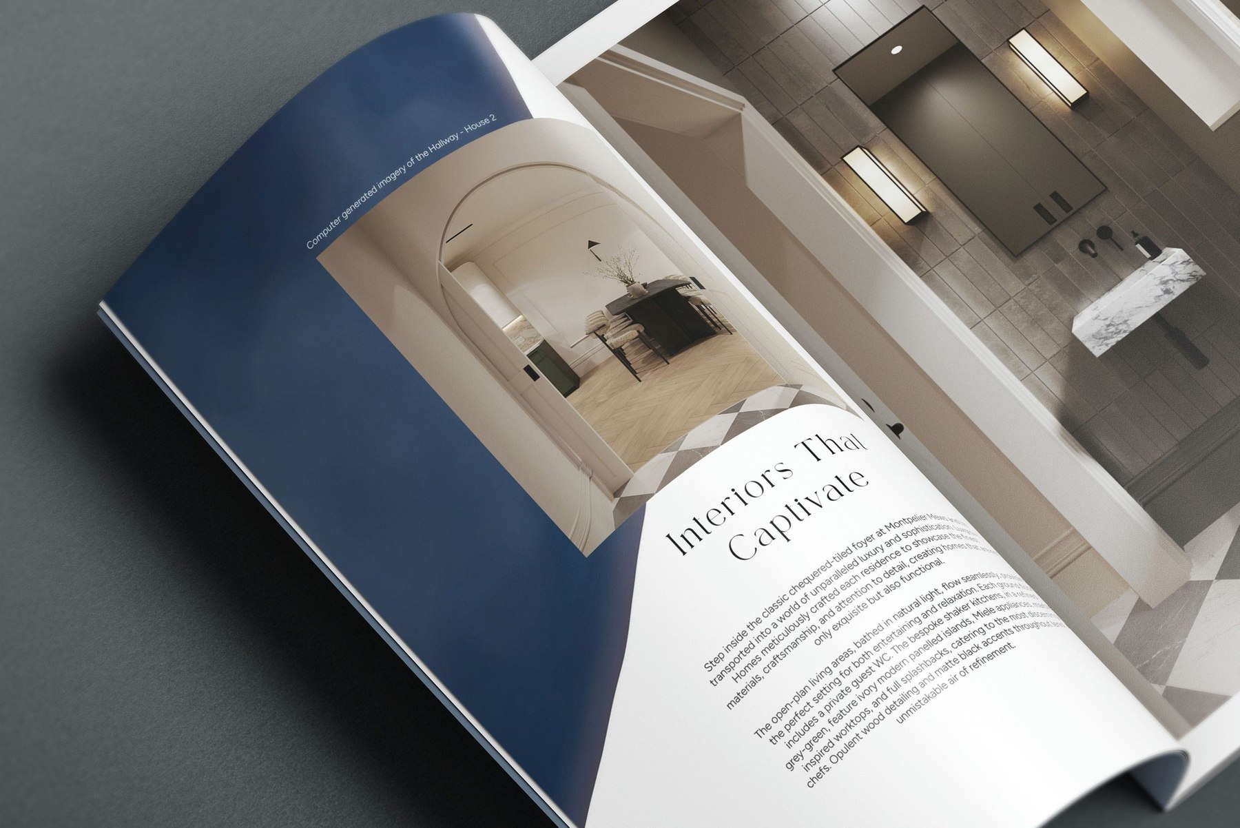 Montpelier Mews property marketing brochure spread mockup — development branding by HDEY