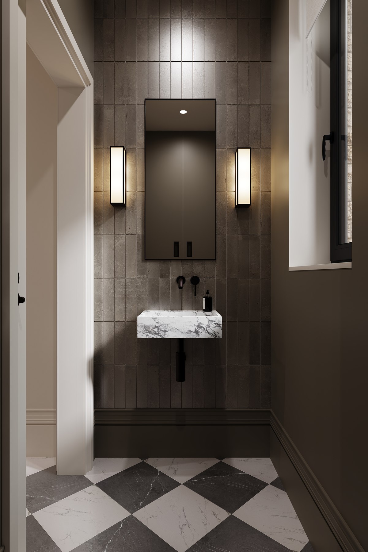 Montpelier Mews CGI — bathroom with glazed tiles and marble basin, by HDEY