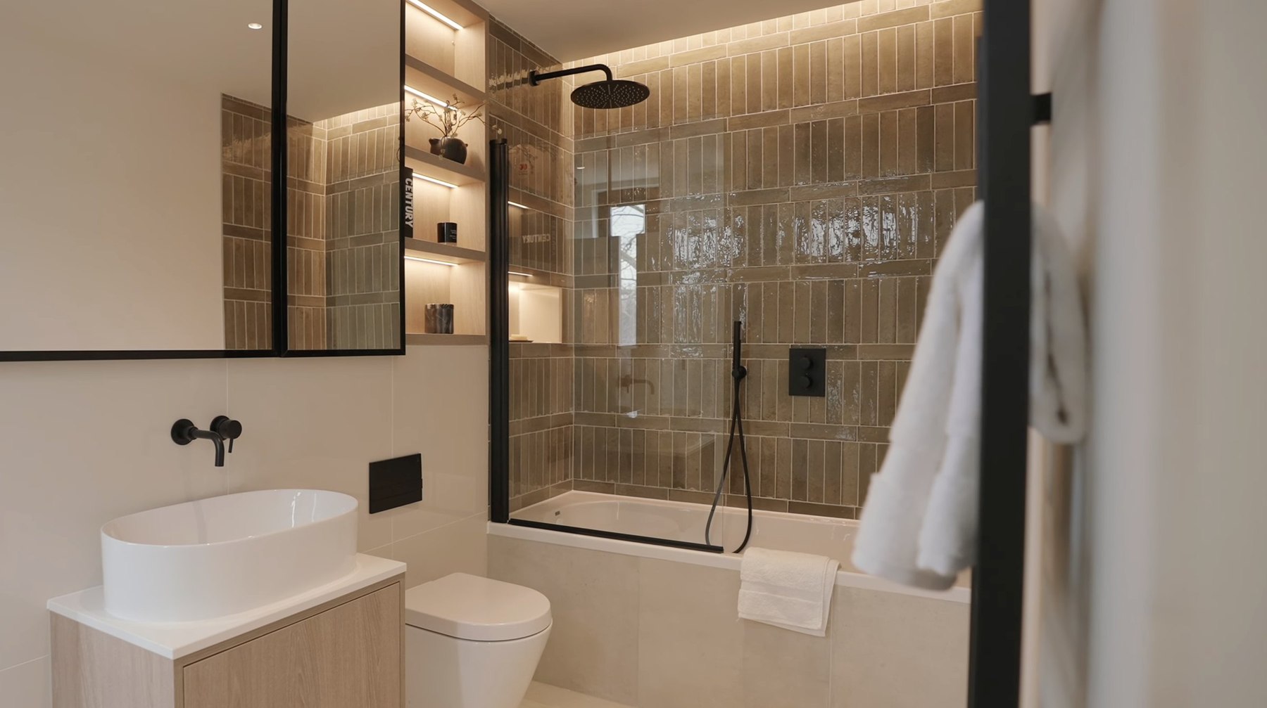 Montpelier Mews bathroom with glazed tiles and walk-in shower, Ealing — designed by HDEY