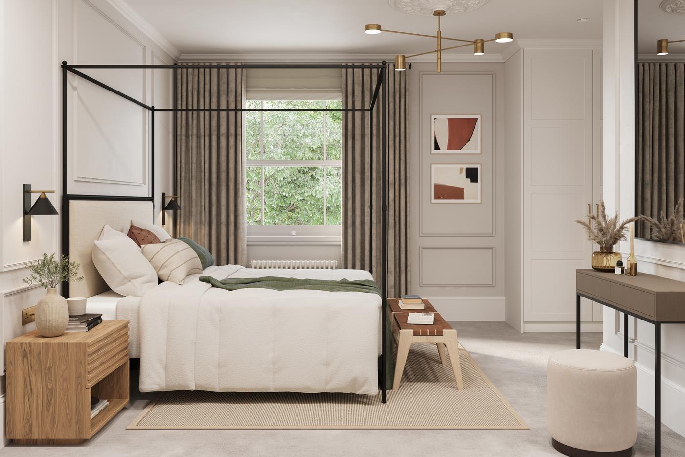 Nevill Row bedroom CGI with a four-poster bed and panelled walls, Royal Tunbridge Wells — by HDEY