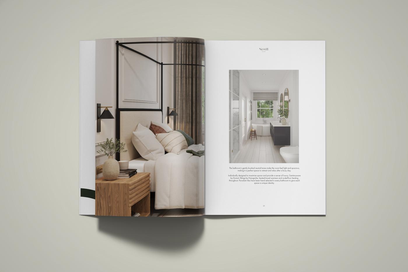 Nevill Row brochure open at an interiors spread, print design by HDEY
