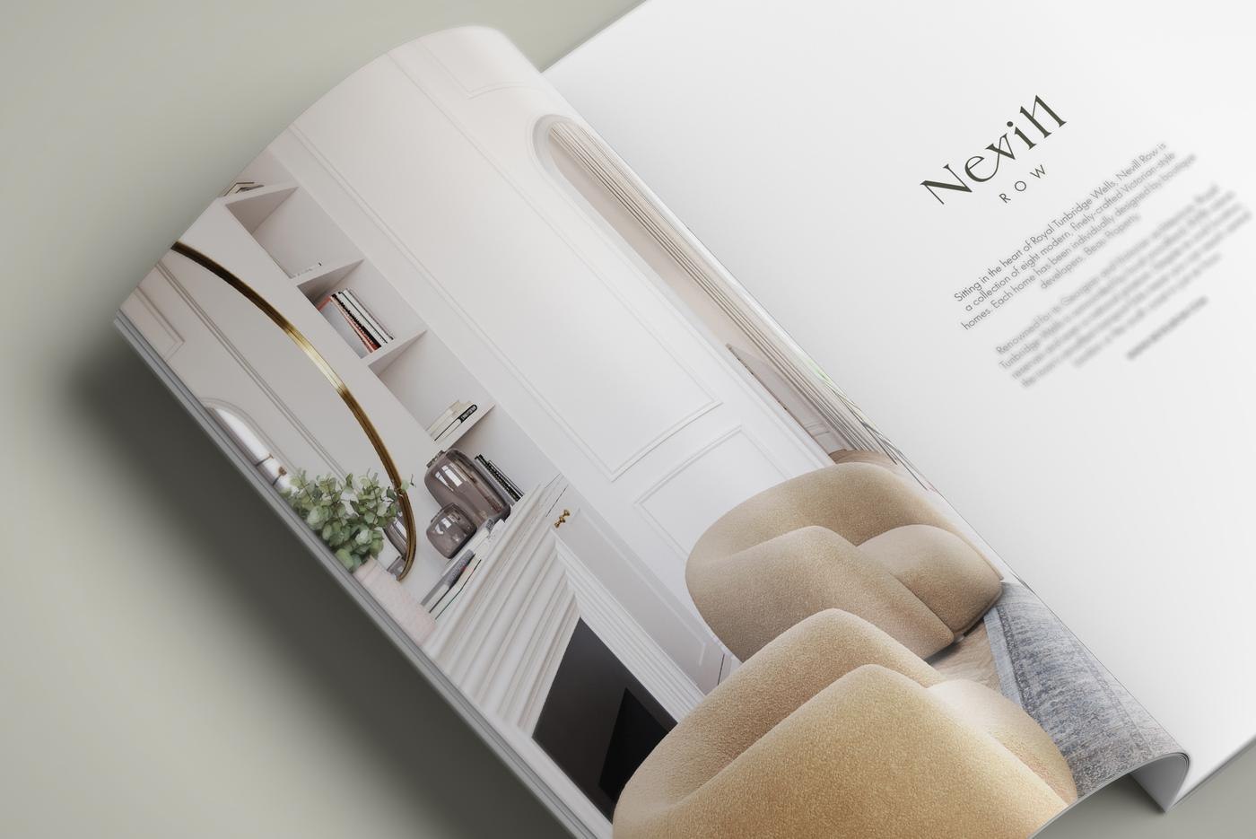 Nevill Row brochure rolled to show the cover and inside pages, print design by HDEY