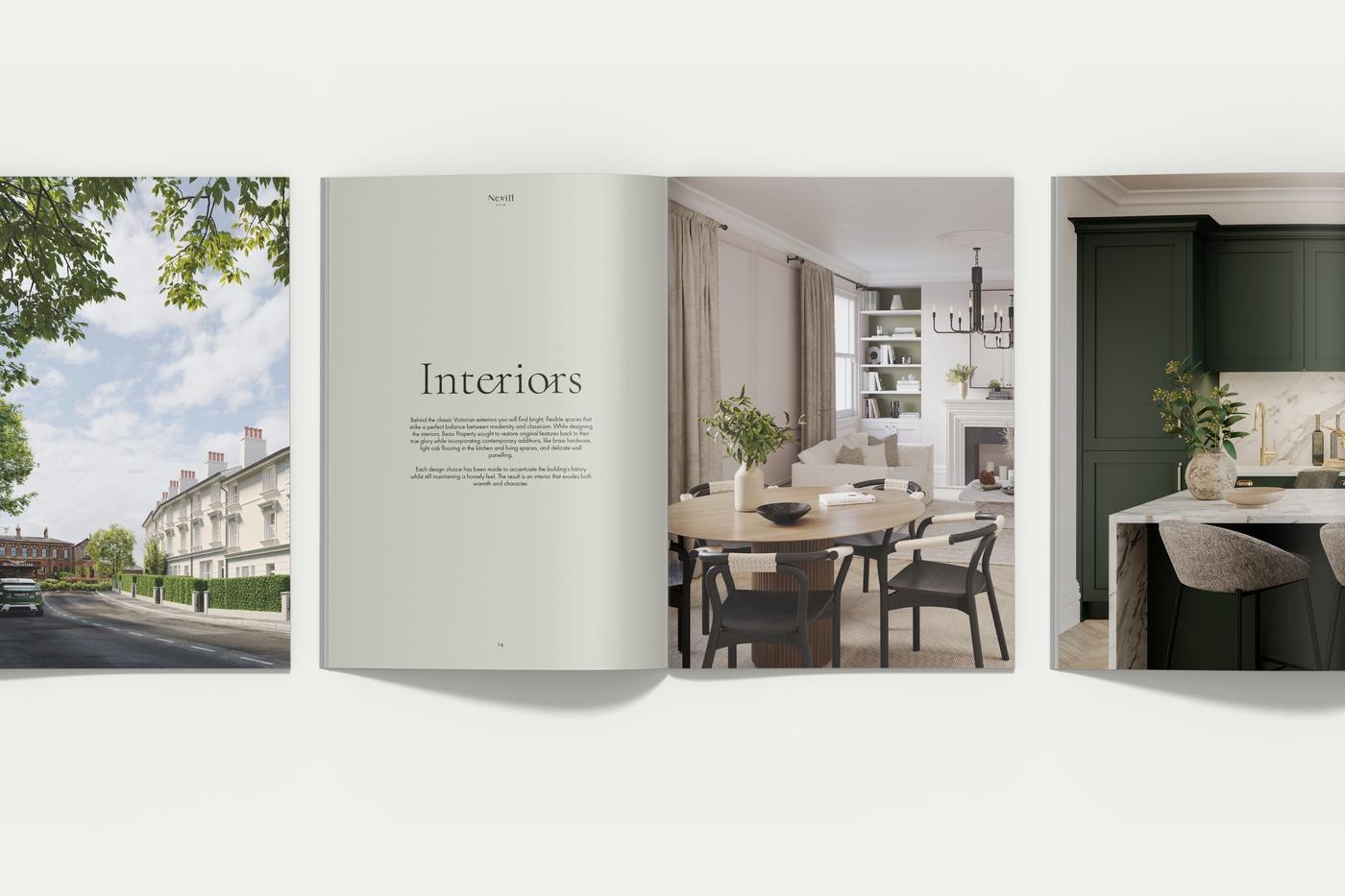 Nevill Row brochure open at the Interiors section, print design by HDEY
