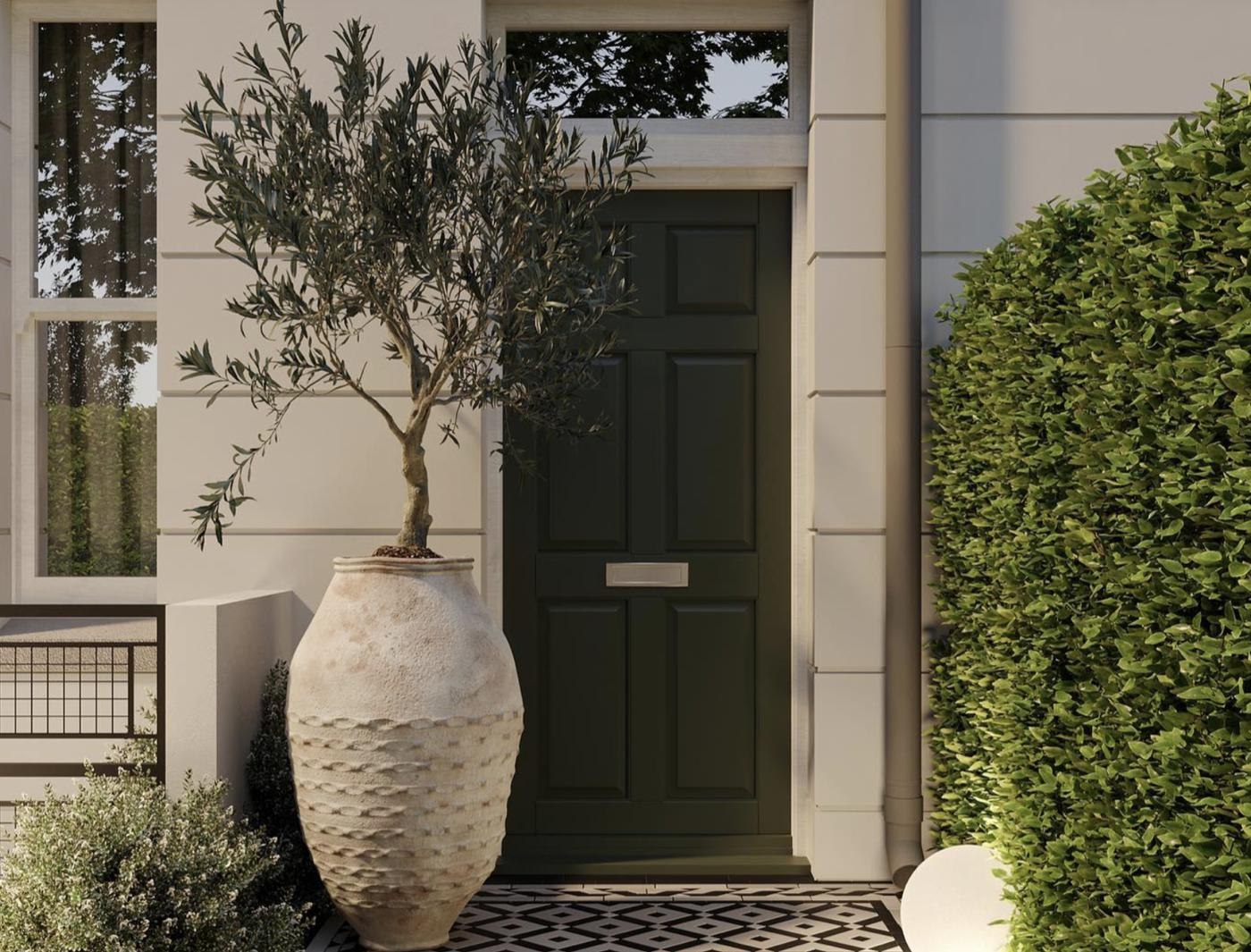 Nevill Row front door CGI in deep green with an olive tree and tiled path, Royal Tunbridge Wells — by HDEY