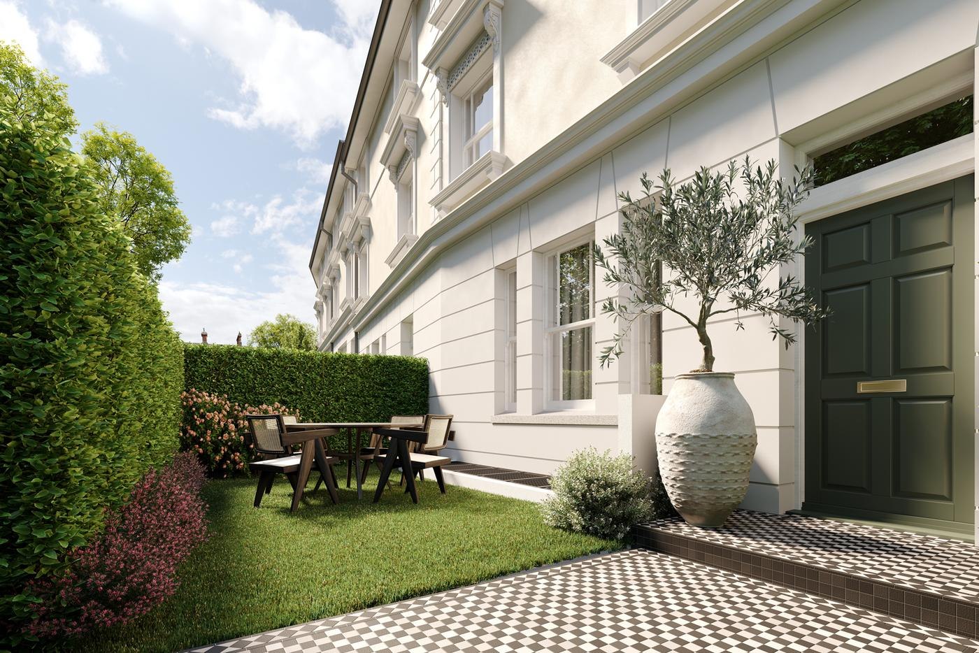 Nevill Row rear garden CGI with terrace and planting, Royal Tunbridge Wells — by HDEY
