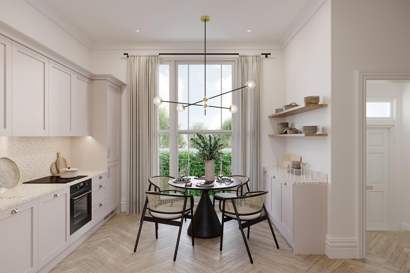 Nevill Row kitchen CGI with pale cabinetry and dining table, Royal Tunbridge Wells — by HDEY