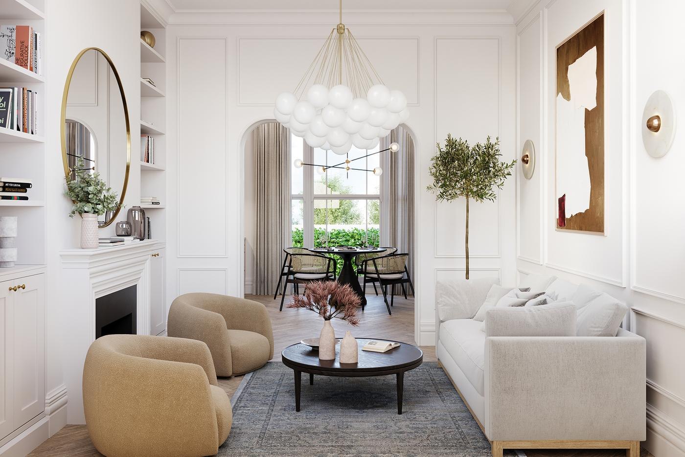 Nevill Row living room CGI with fireplace, panelling and arched alcoves, Royal Tunbridge Wells — by HDEY