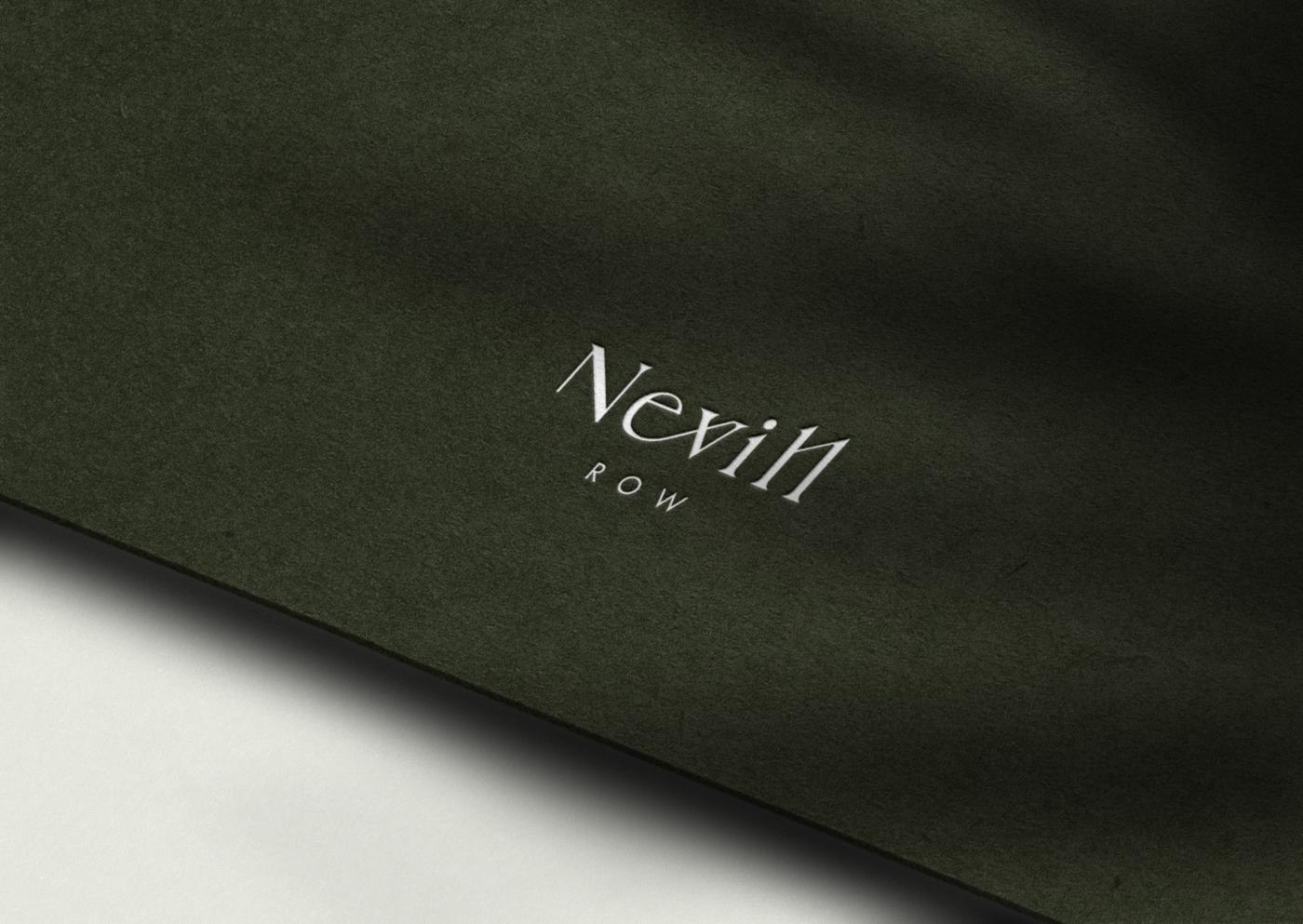 Nevill Row logotype in cream on deep olive green, brand identity by HDEY
