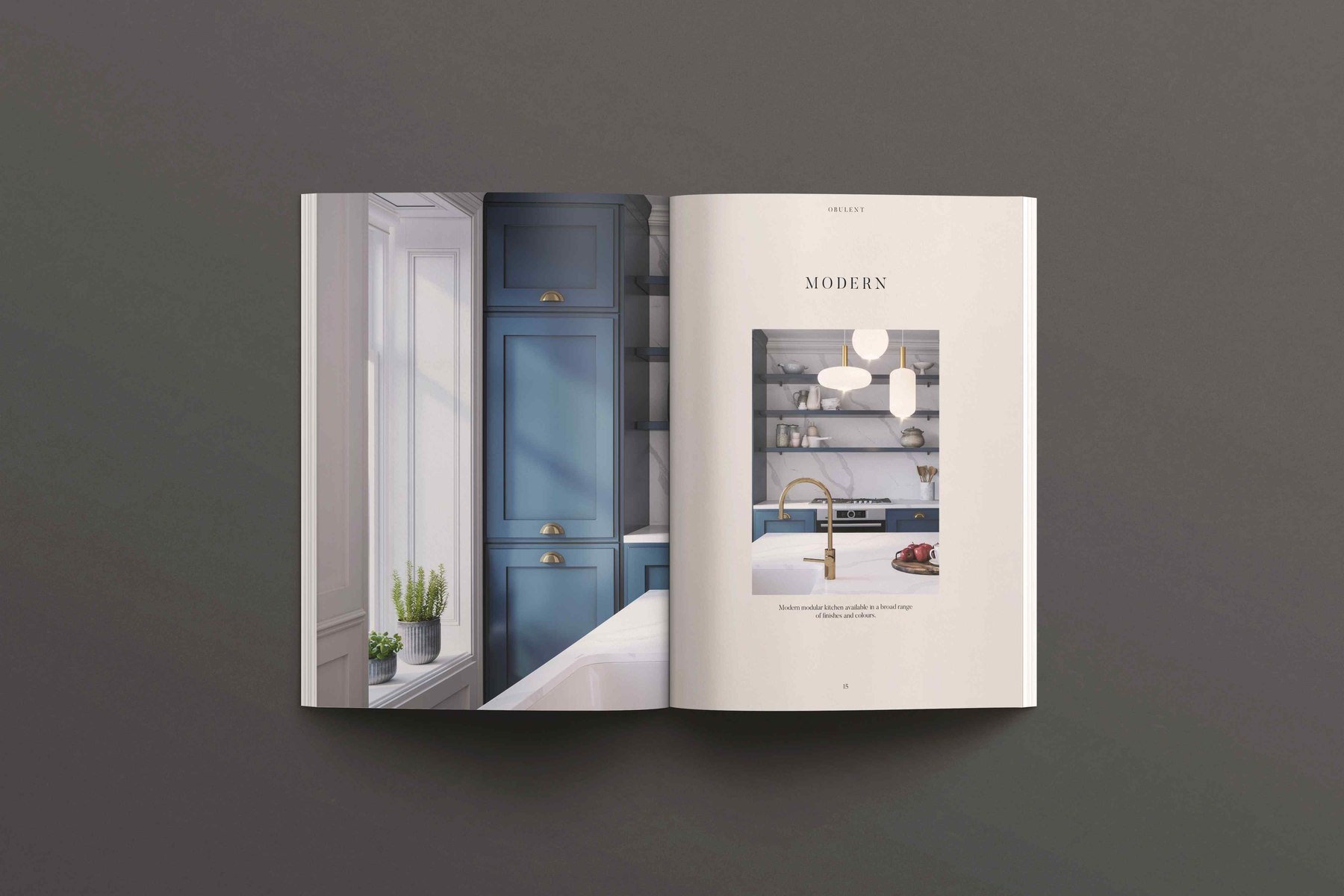 Obulent brochure open at the Modern spread showing blue shaker cabinetry and a modular kitchen, print design by HDEY