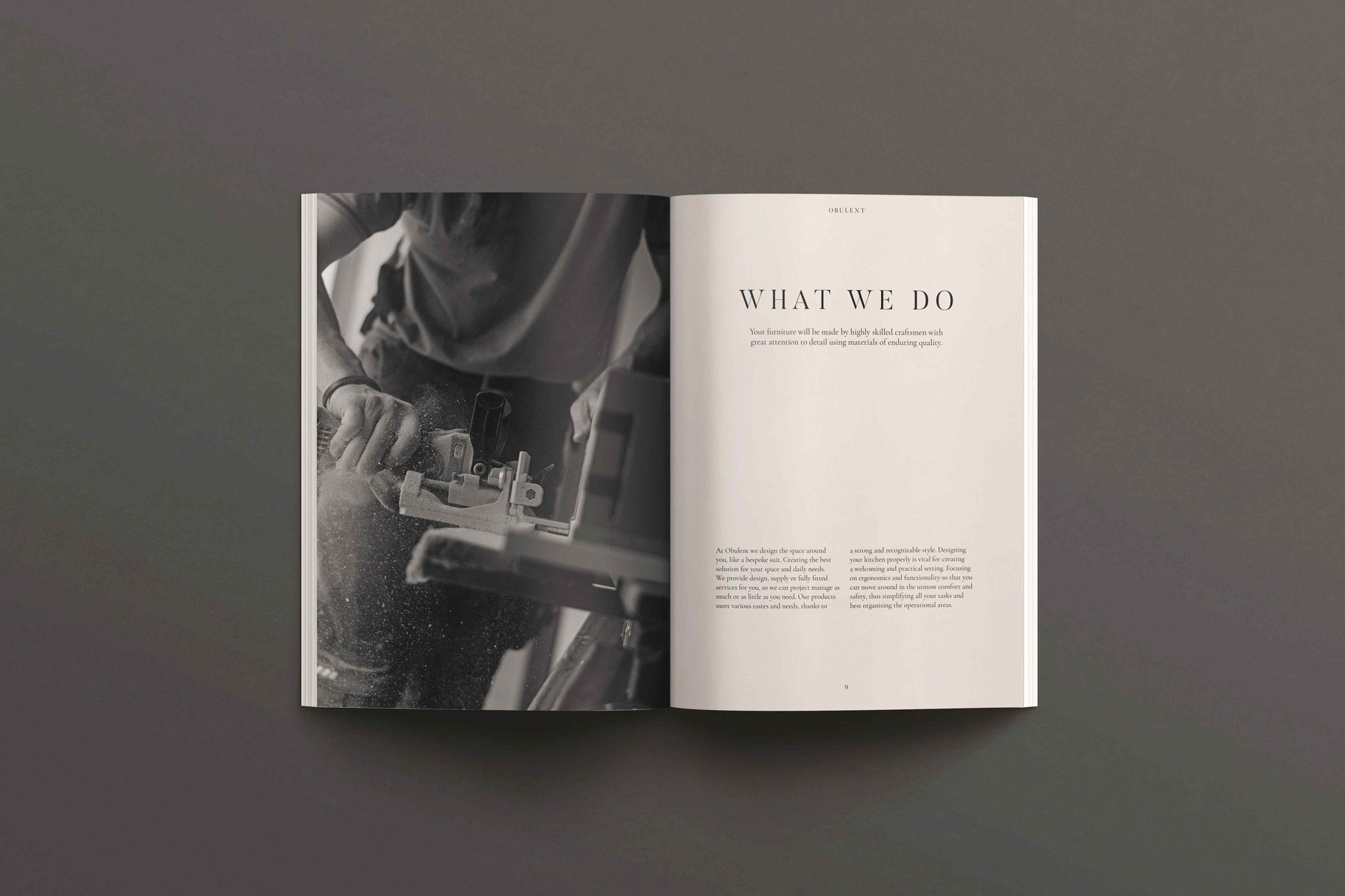 Obulent brochure open at the What We Do spread with black and white workshop photography, print design by HDEY